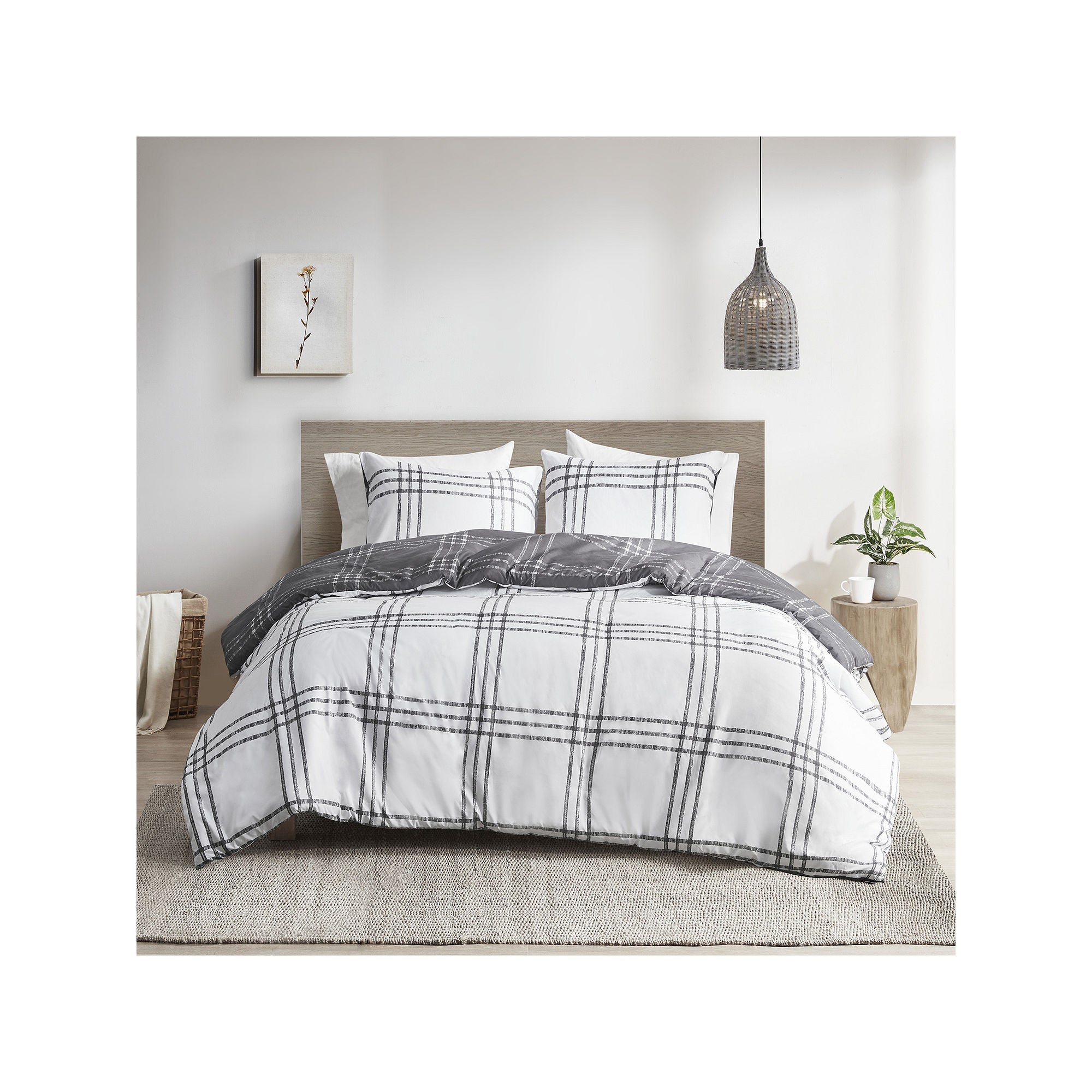 Clean Spaces Nathan 3 Piece Plaid Reversible Duvet Cover Set - White Gray