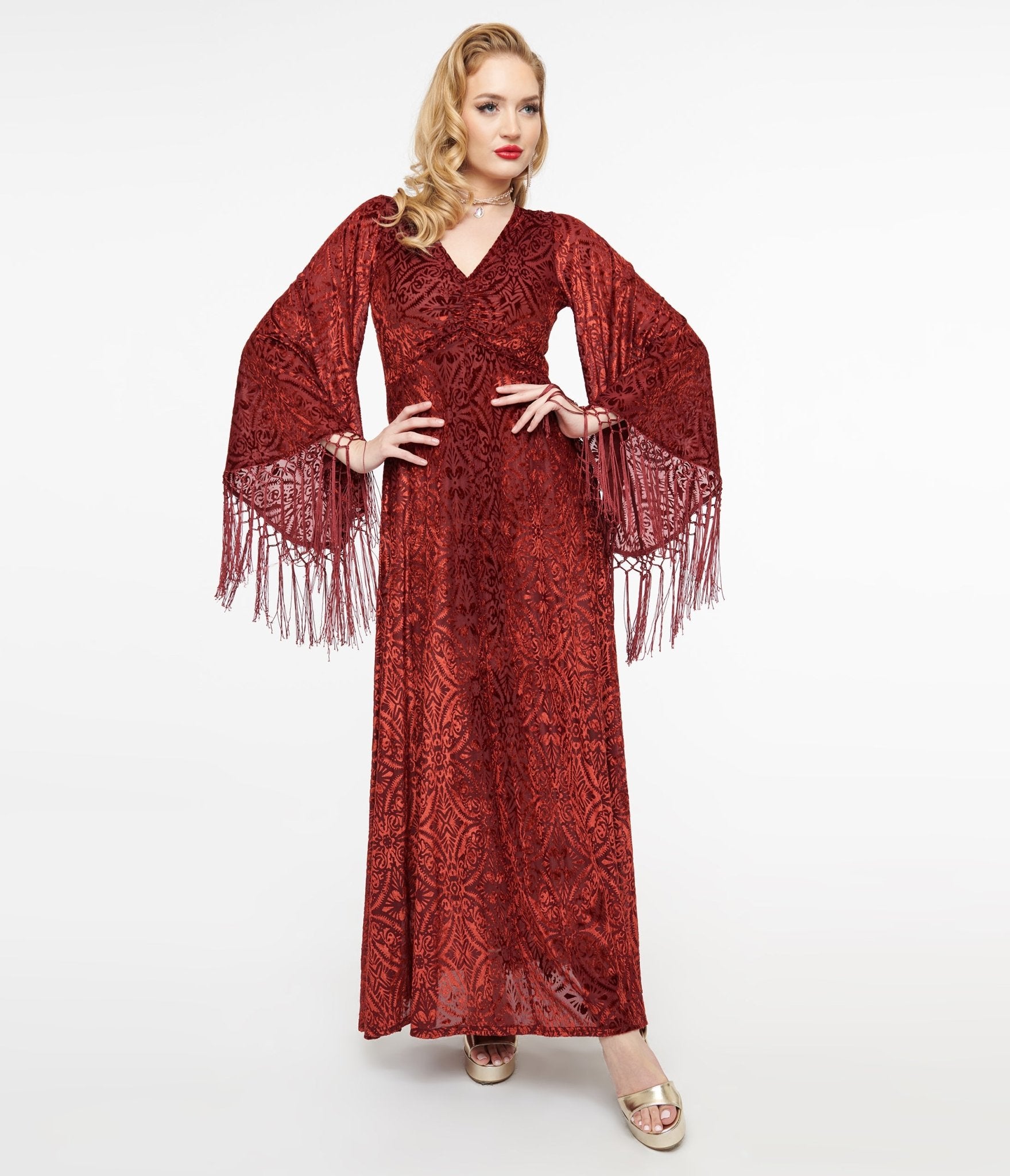 Smak Parlour 1970s Burgundy Velvet Burnout Fringe Sleeve Maxi Dress