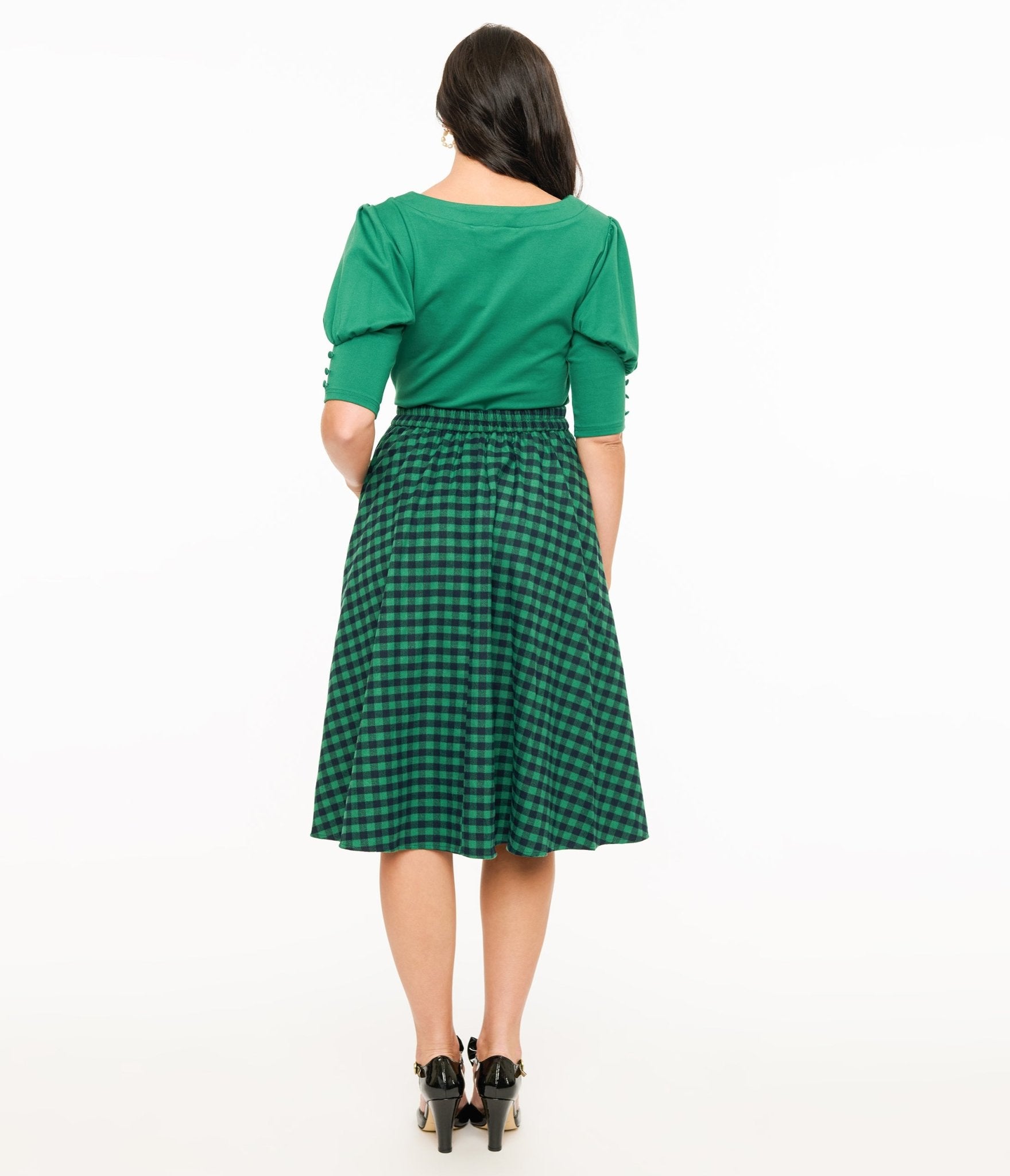 Green & Black Plaid Midi Skirt