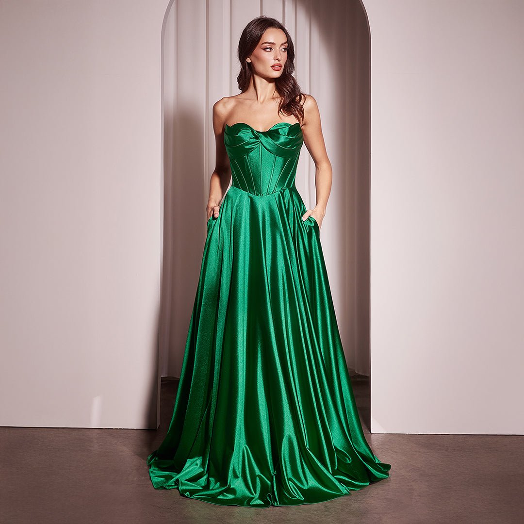 Ladivine by Cinderella Divine Emerald Satin Strapless A-Line Slit Prom Dress