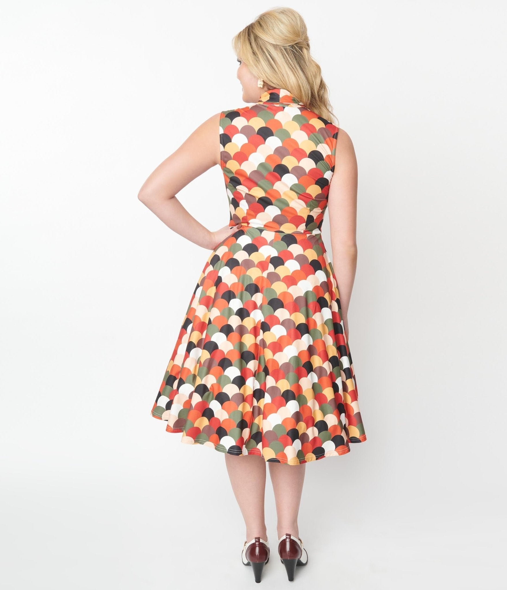 Unique Vintage 1940s Multicolor Scallop Print Ribboned Swing Dress