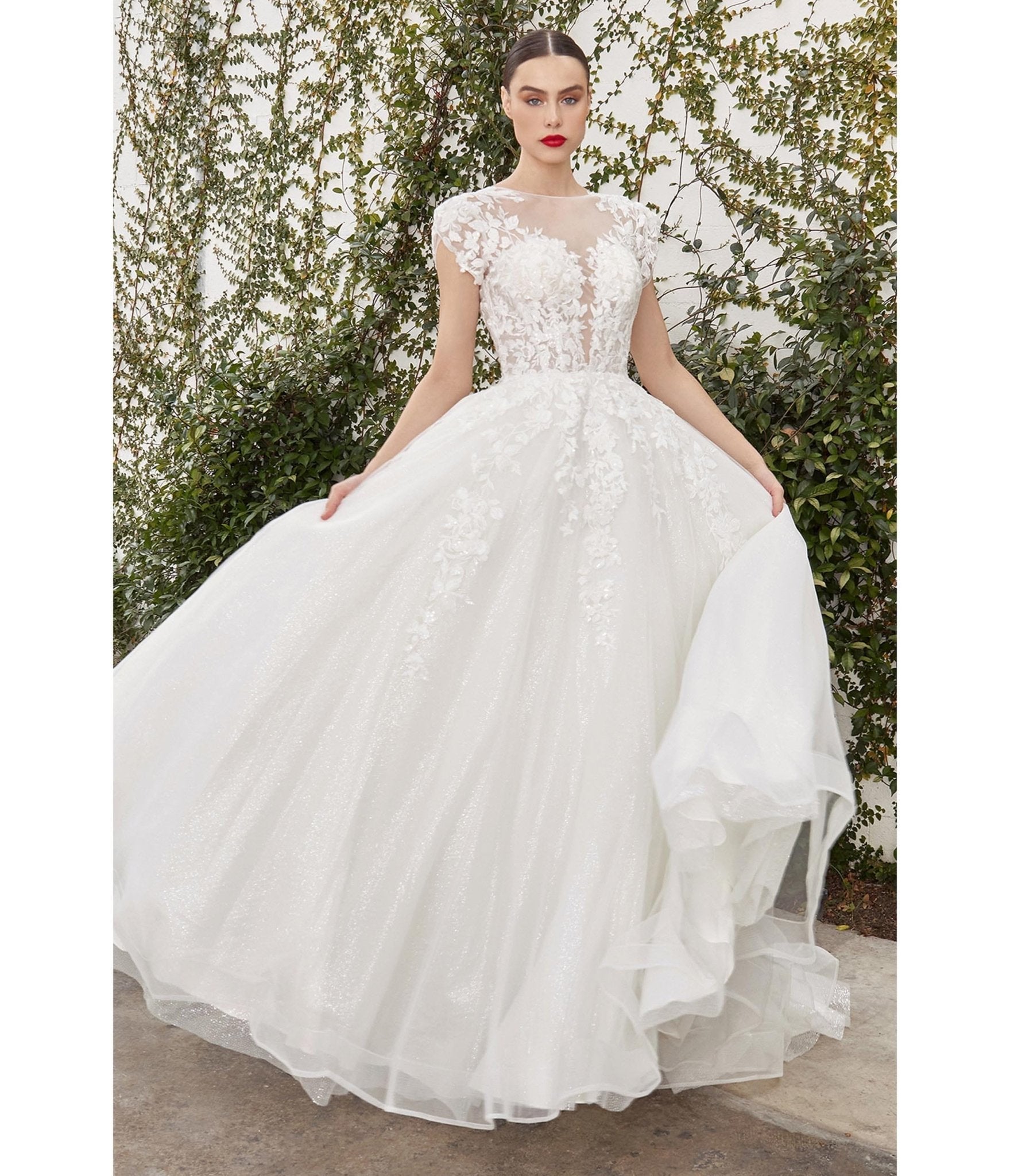 Ladivine by Cinderella Divine Ivory Floral Glitter Tulle Bridal Ball Gown