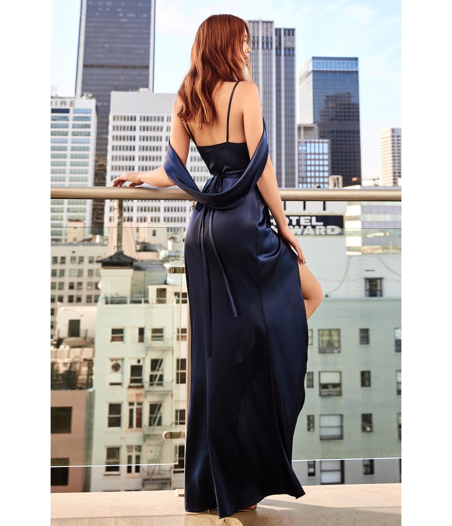 Ladivine by Cinderella Divine Navy Satin Draped Cowl Back Bridesmaid Dress