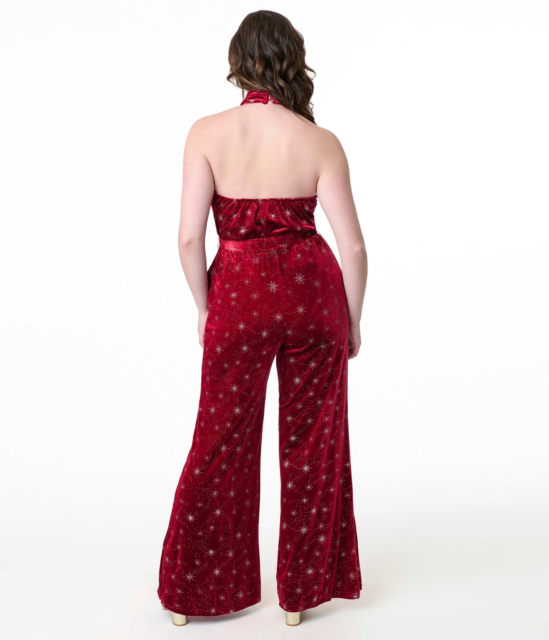 Smak Parlour 1970s Red & Silver Star Velvet Draped Darling Jumpsuit