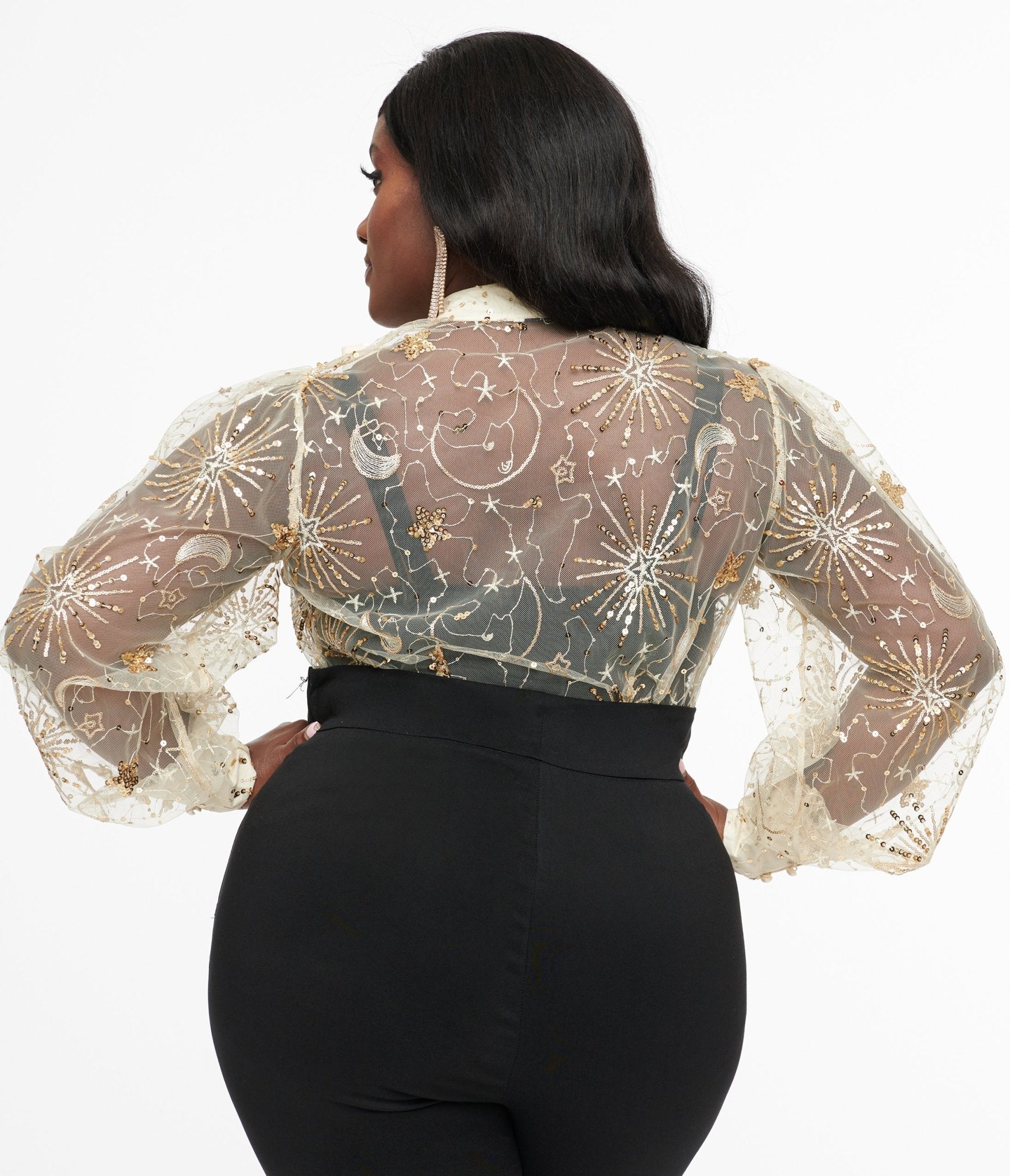 Unique Vintage Plus Size Champagne Celestial Sequin Sheer Gwen Blouse