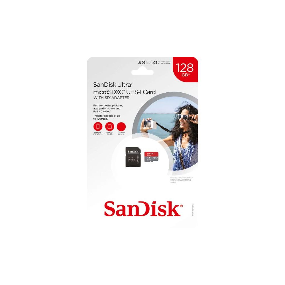 SanDisk SDSQUA4128GAULM Ultra microSDXC 128GB UHS-1 Memory Card with Adapter - 120MB/s, C10, U1, Full HD, A1, Micro SD Card