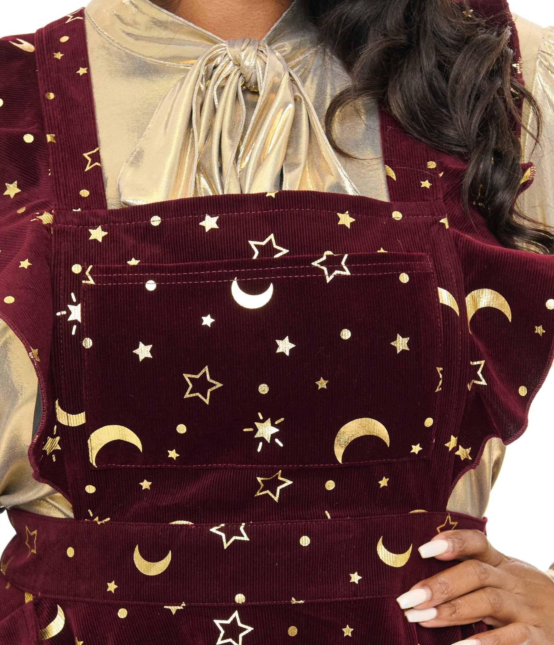 Unique Vintage Plus Size Burgundy & Gold Moon & Star Corduroy Ruffle Pinafore