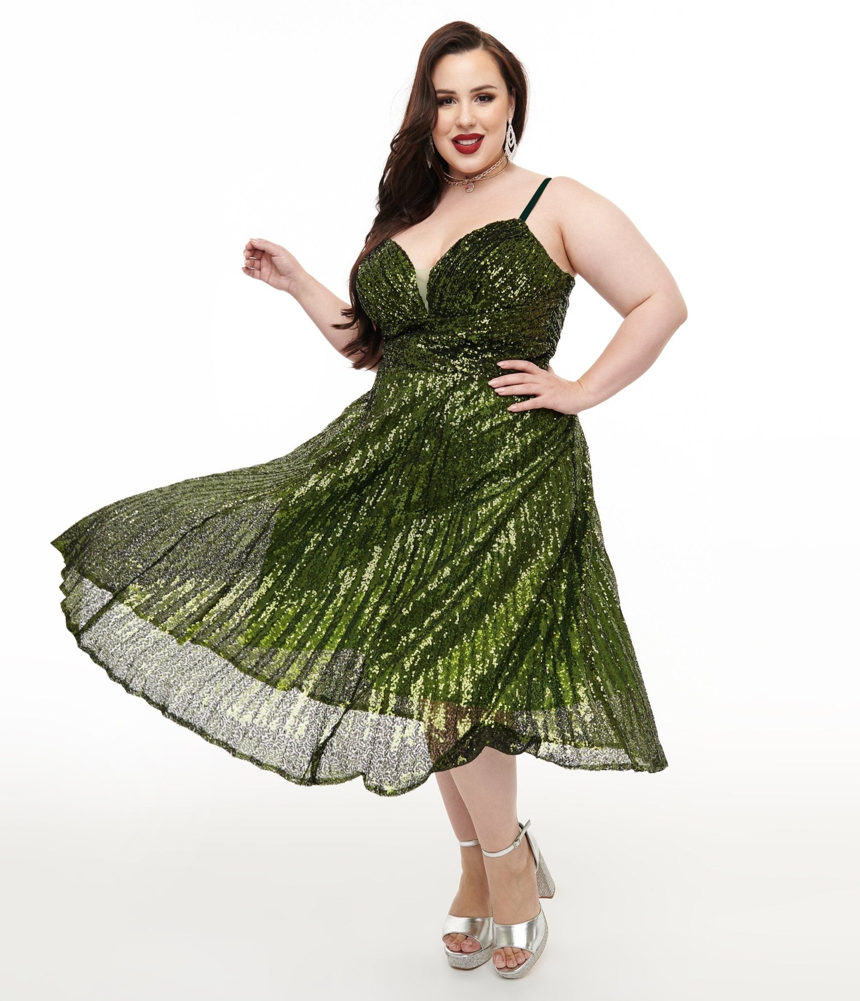 Unique Vintage Plus Size 1950s Emerald Pleated Sequin Swing Dress