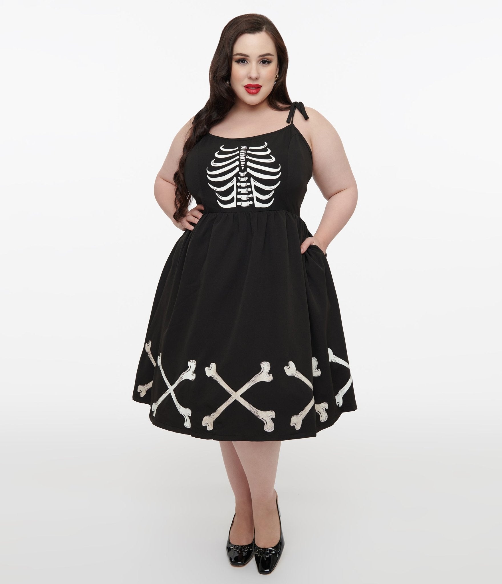 Unique Vintage Plus Size 1950s Black & Glow in the Dark Skeleton Bobbie Swing Dress