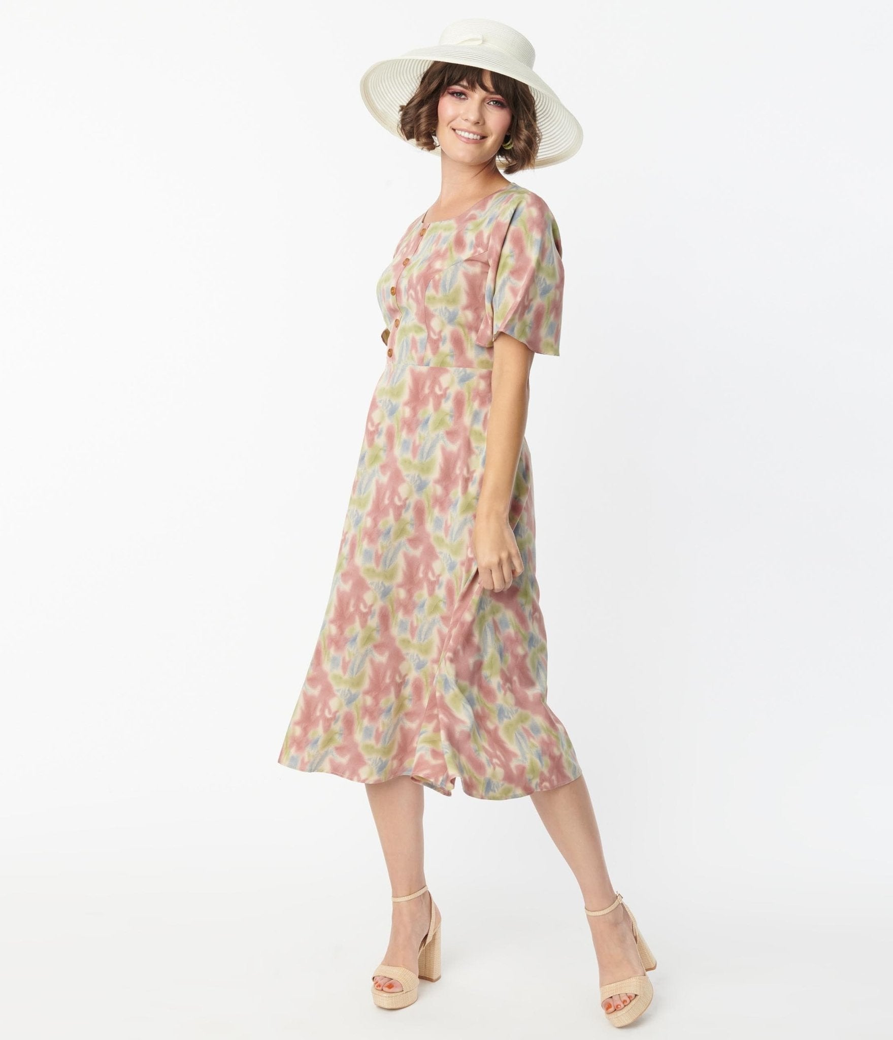 Pink & Blue Watercolor Pattern Festival Midi Dress