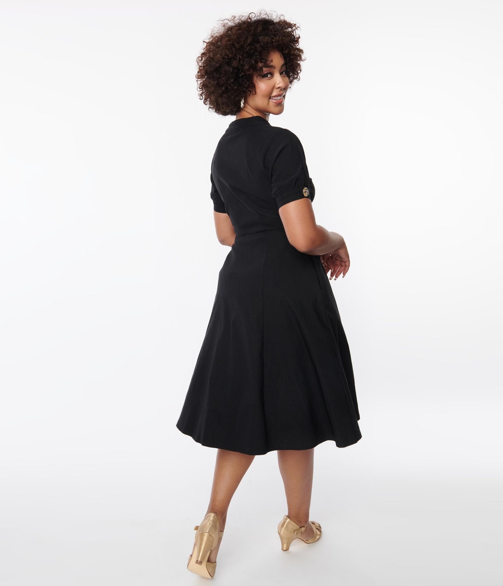 Unique Vintage Black Button Swing Dress