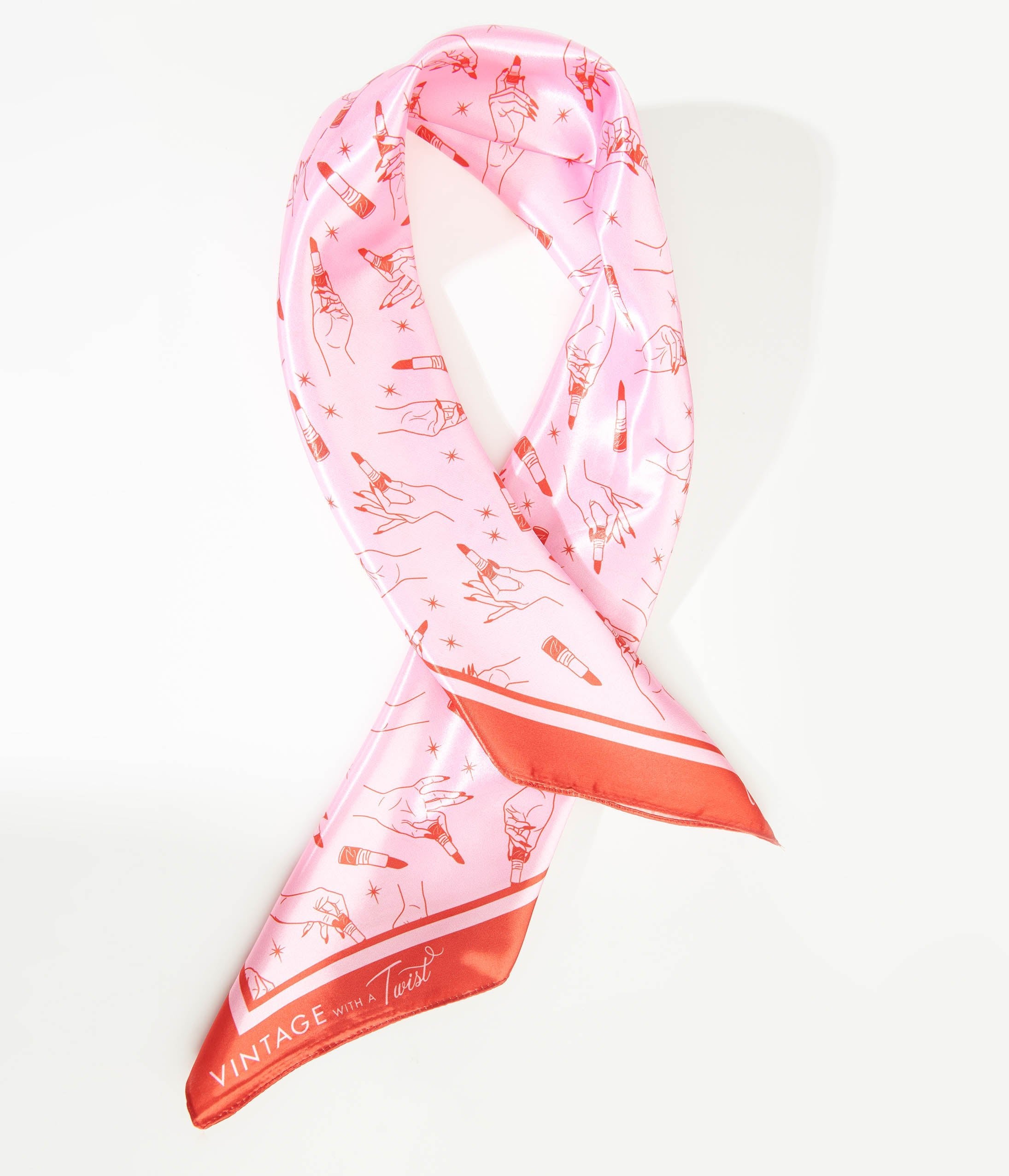 1950s Pink & Red Lipstick Print Satin Hair Scarf