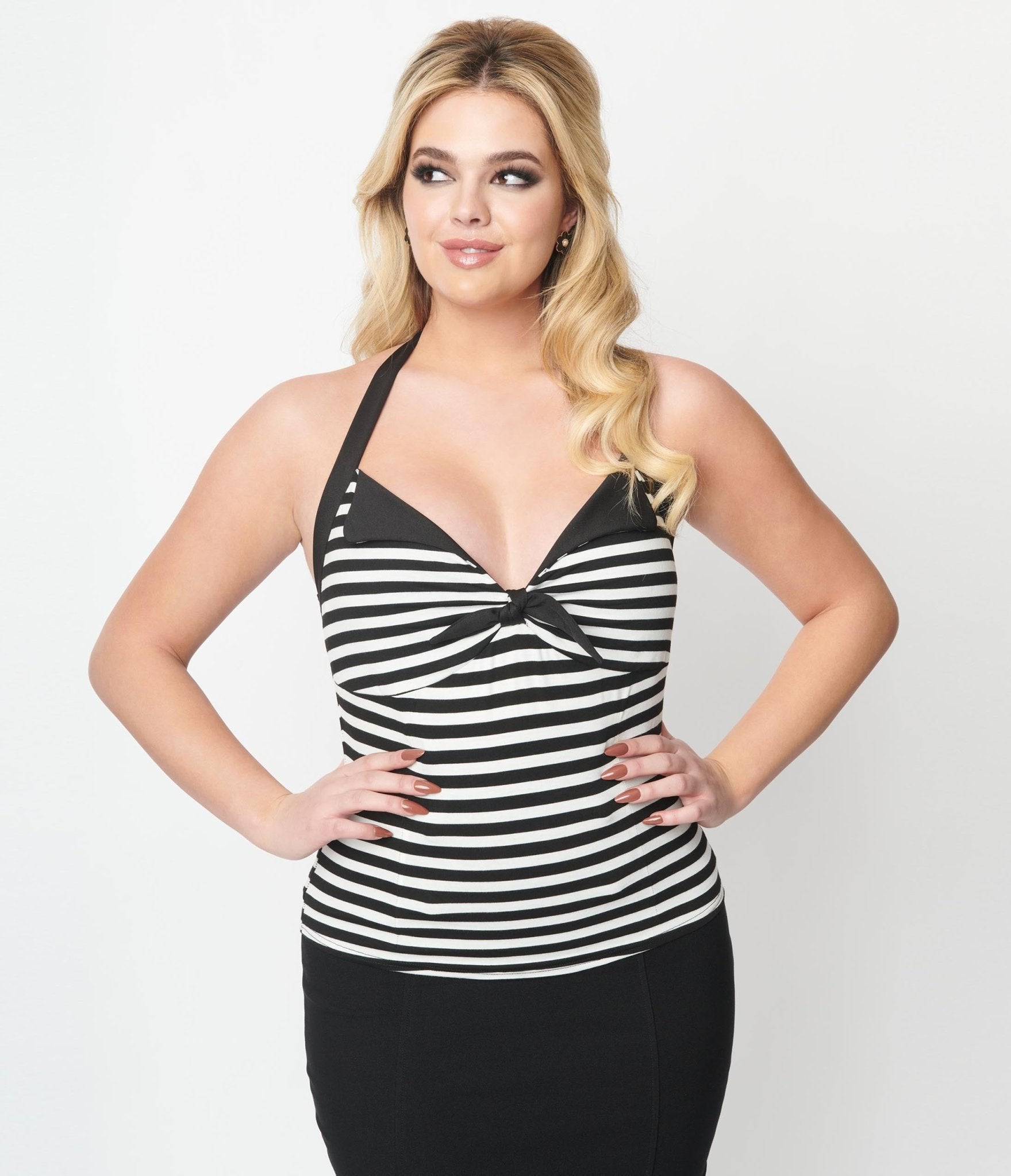 Unique Vintage Black & White Striped Halter Top