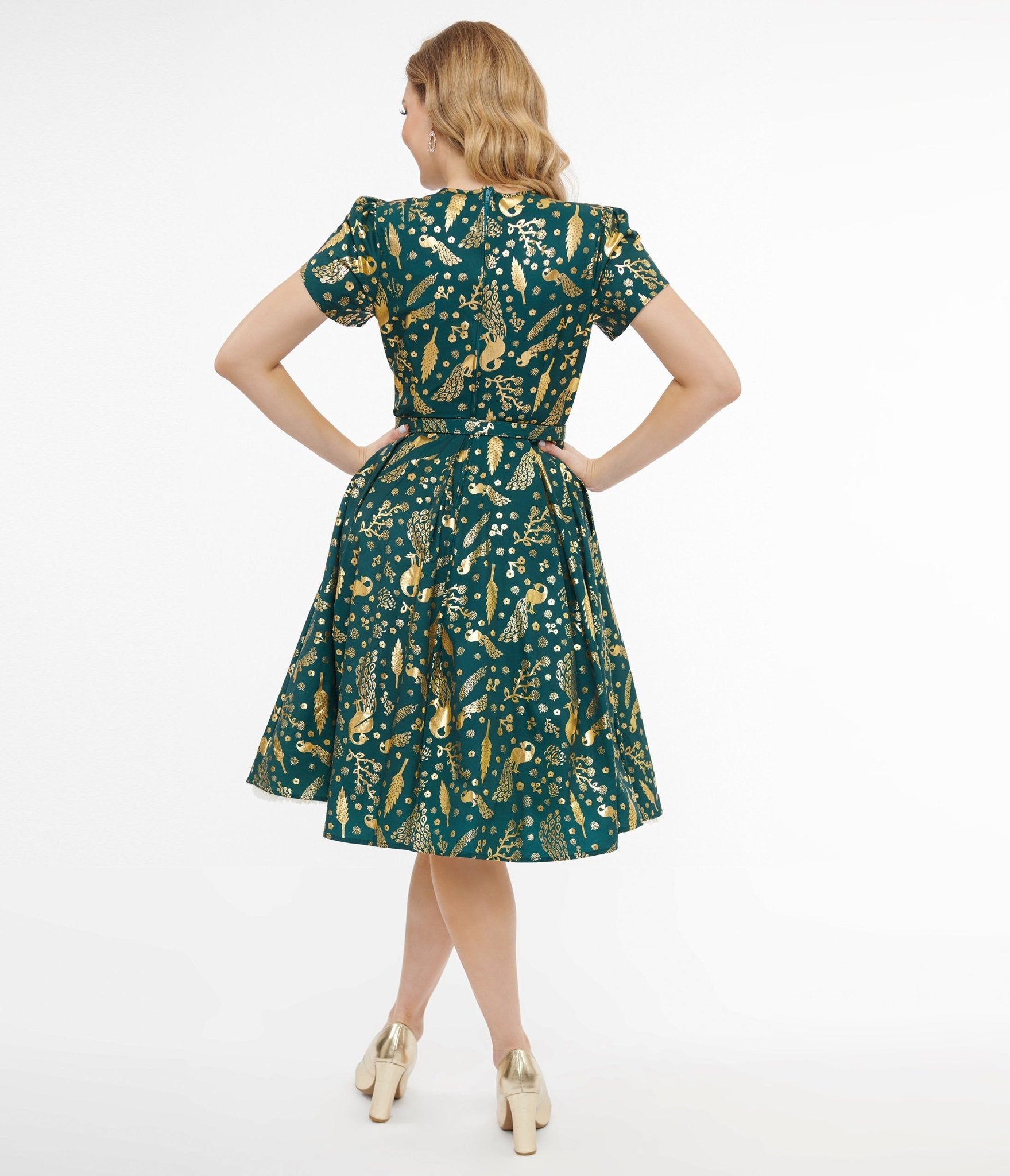 Unique Vintage 1940s Green & Gold Peacock Print Dahlia Swing Dress