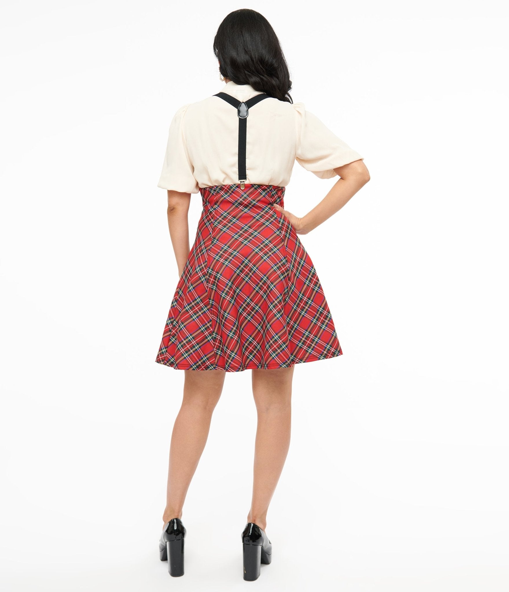 Unique Vintage 1950s Red Bias Plaid Suspender Flare Skirt