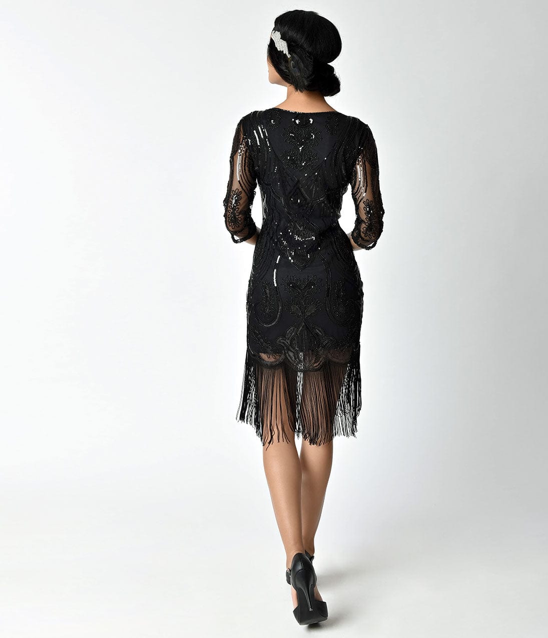 Unique Vintage 1920s Black Beaded & Sequin Margaux Sleeved Fringe Cocktail Dress