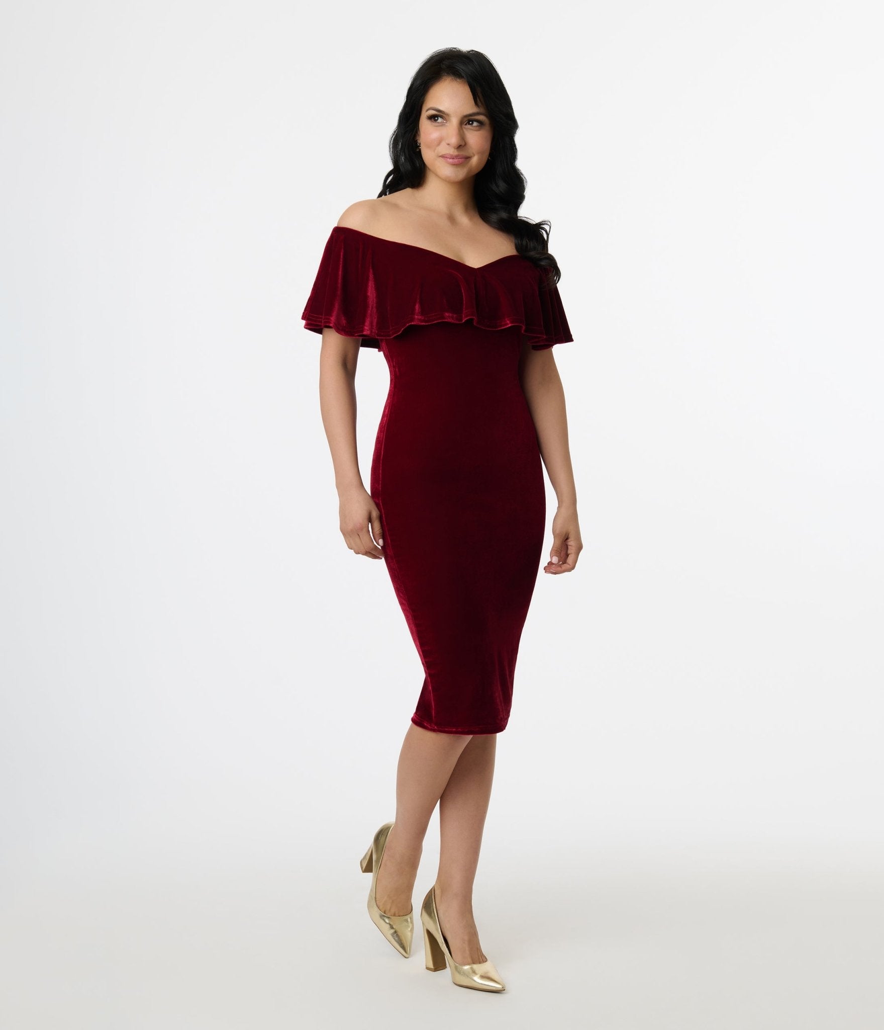 Unique Vintage 1950s Burgundy Red Velvet Sophia Wiggle Dress