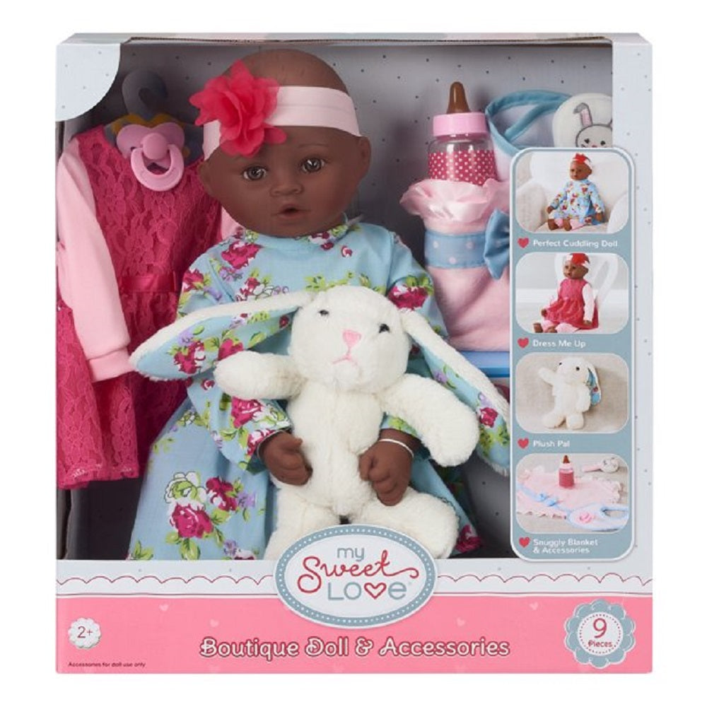 My Sweet Love 18 Doll and Accessories Set with Plush Bunny, African American - Lightweight