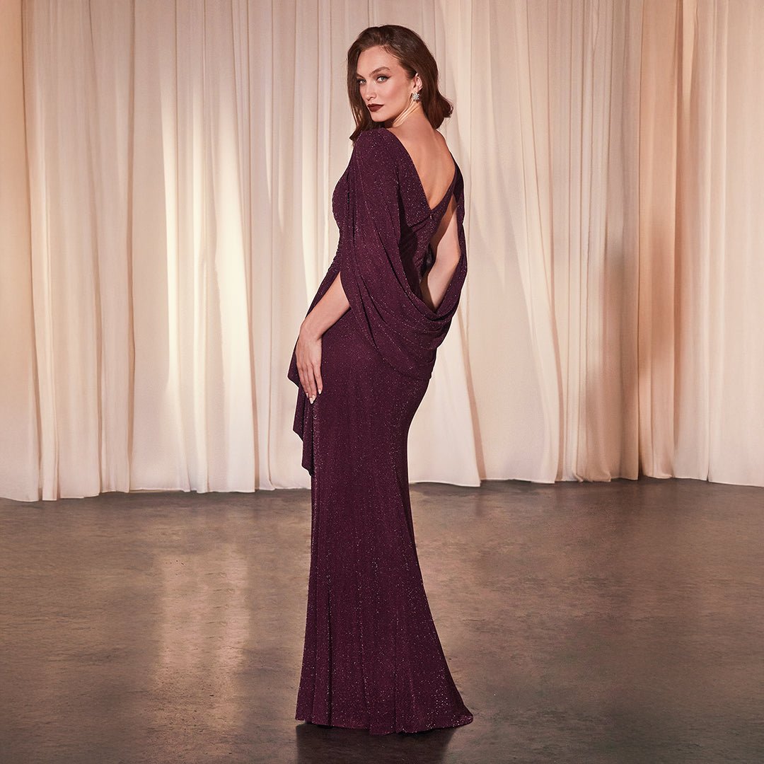 Ladivine by Cinderella Divine Wine Sparkle Cape Slit Bridesmaids Gown