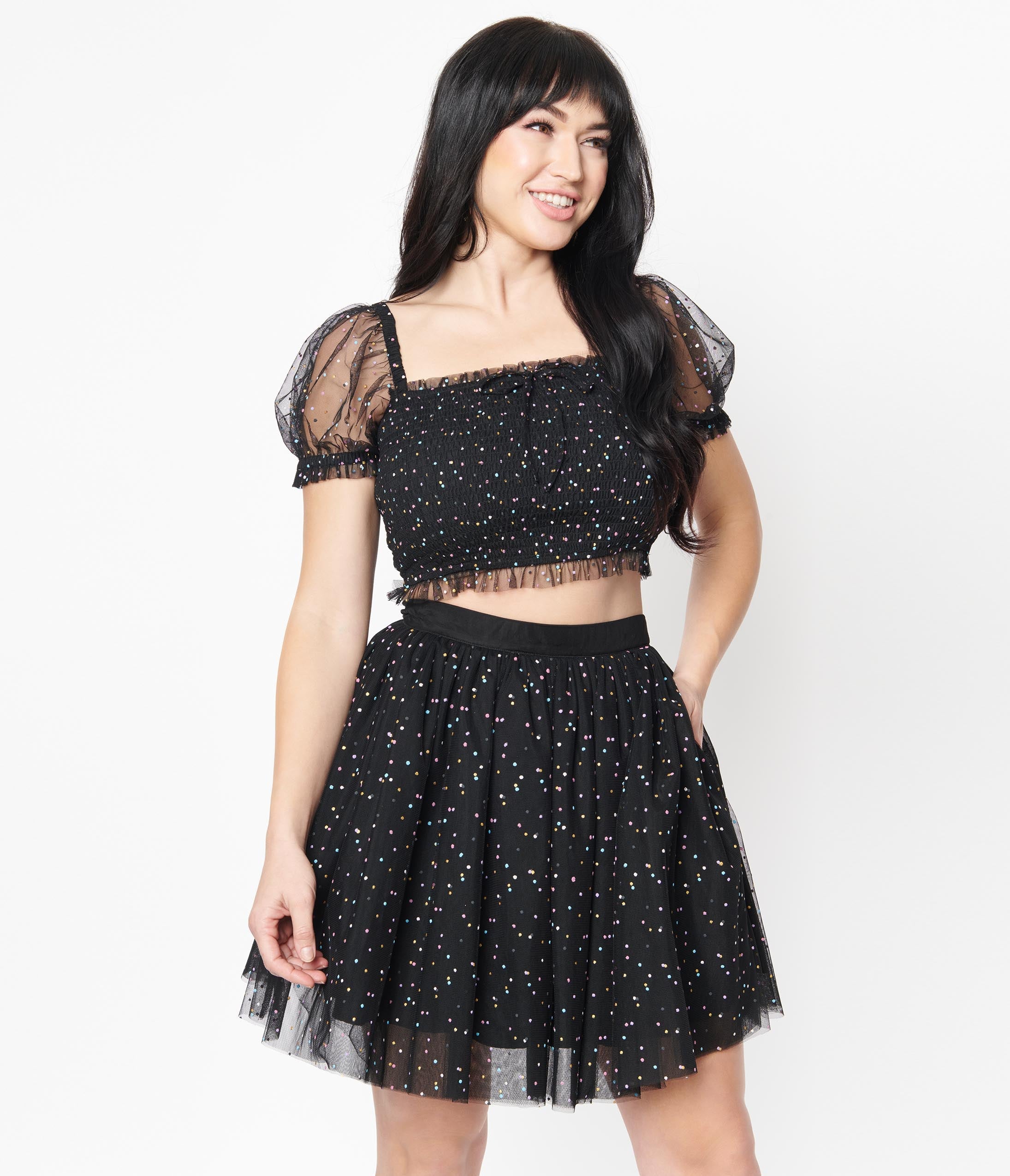 Unique Vintage Black & Multicolor Dots Sweetie Pie Flare Skirt