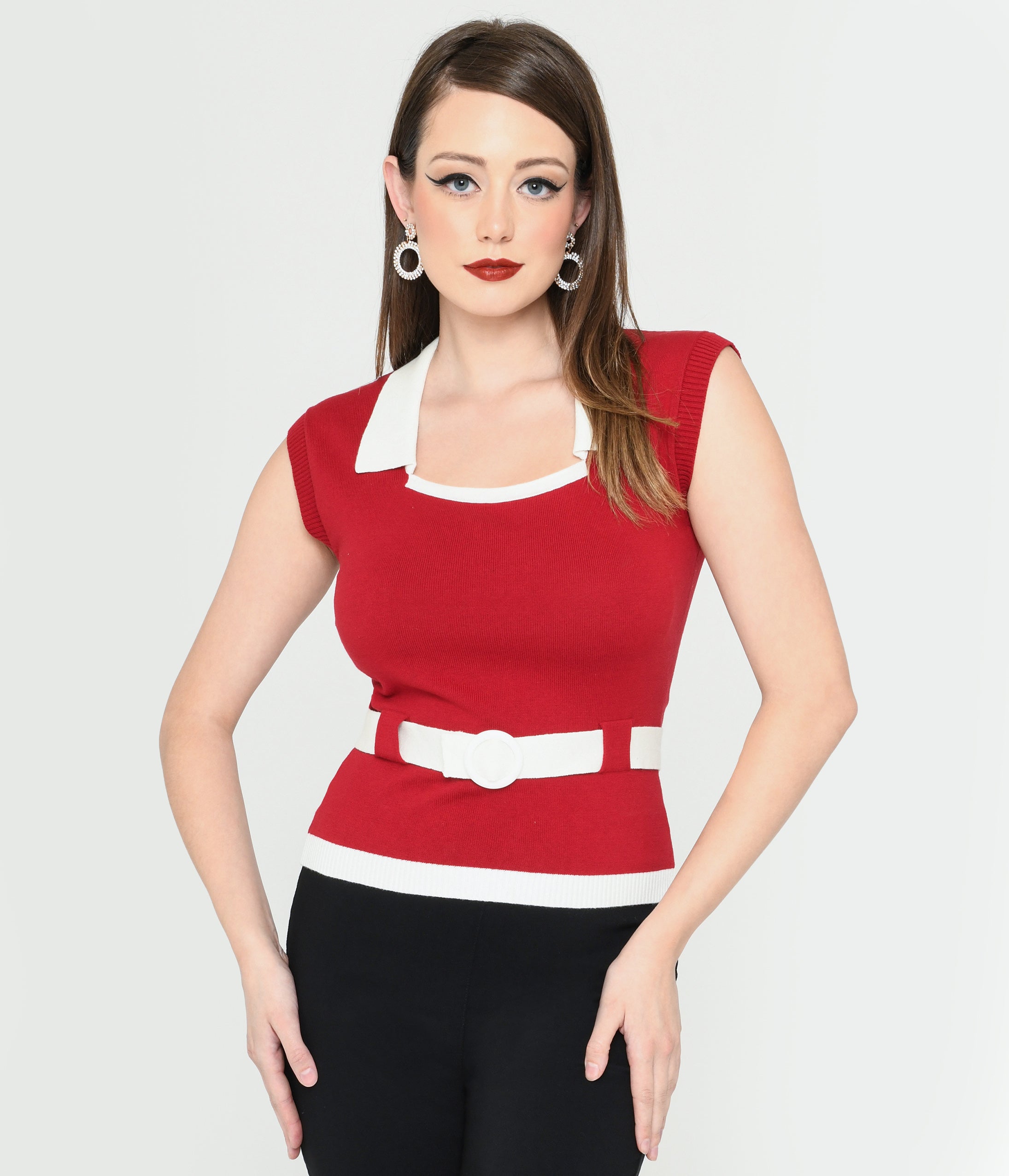 Collectif Burgundy & White Belted Norma Knit Top