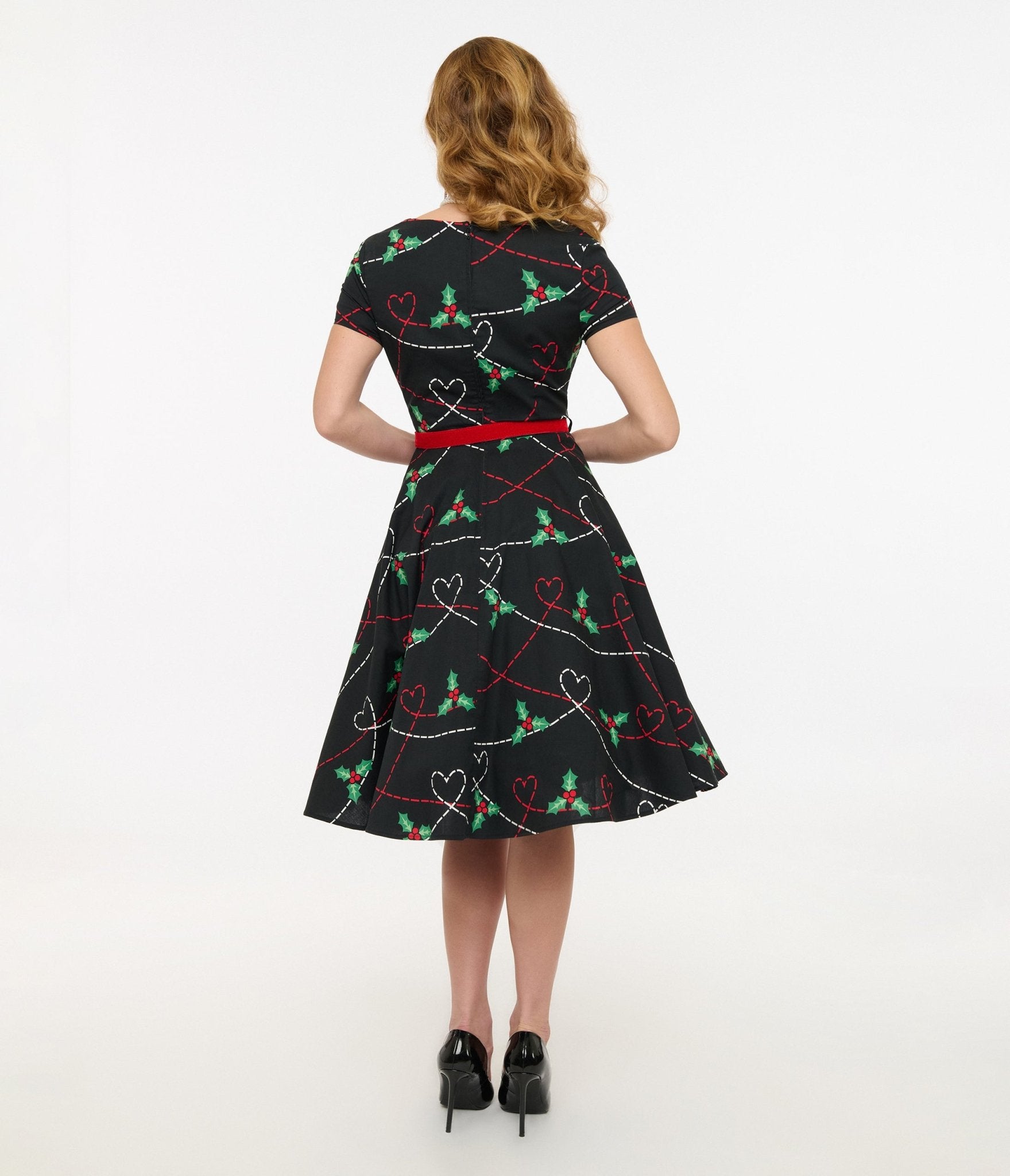 Hell Bunny 1950s Festive Hearts & Holly Print Angelica Swing Dress