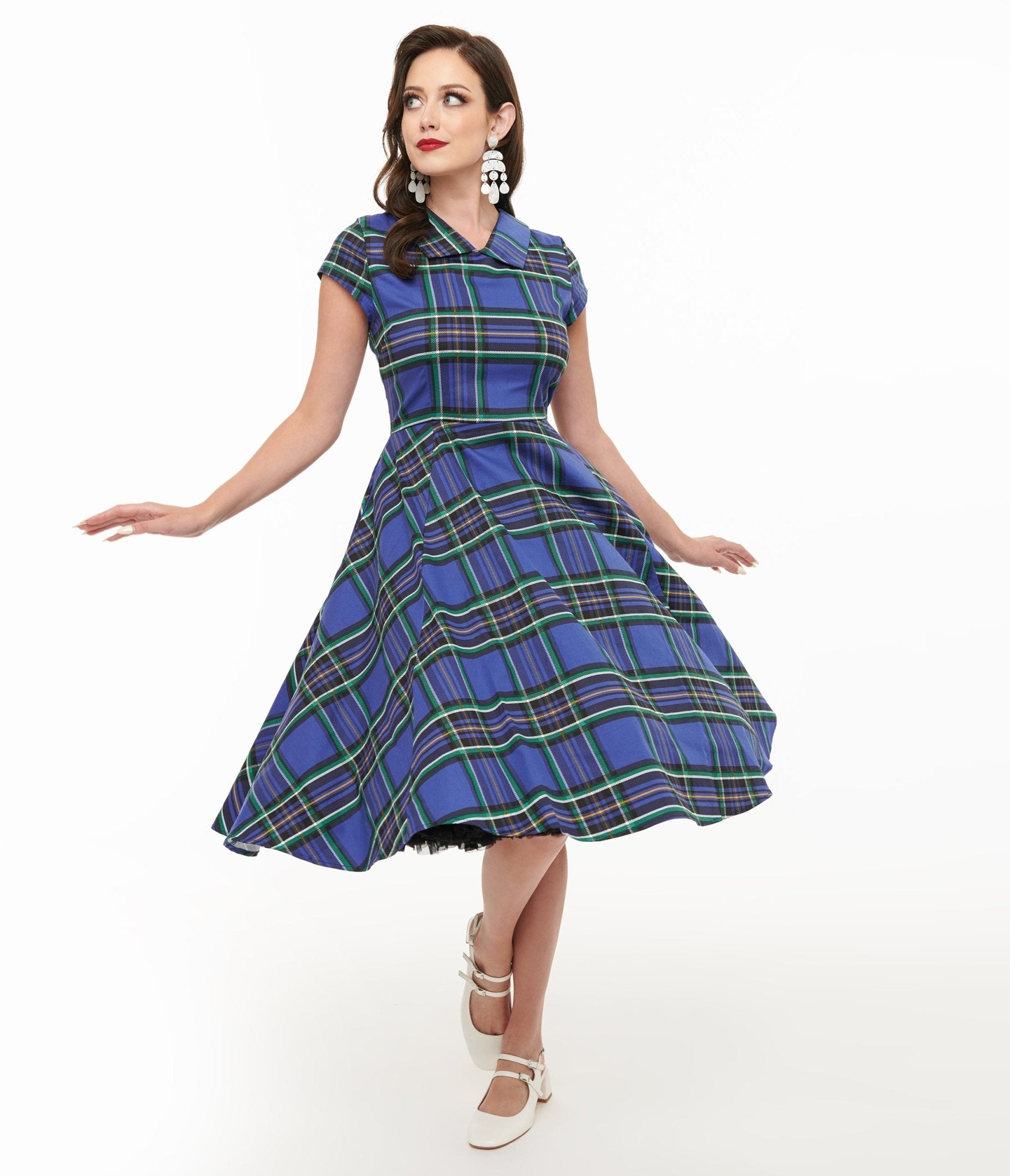 Orchid Bloom 1950s Blue Plaid Swing Dress