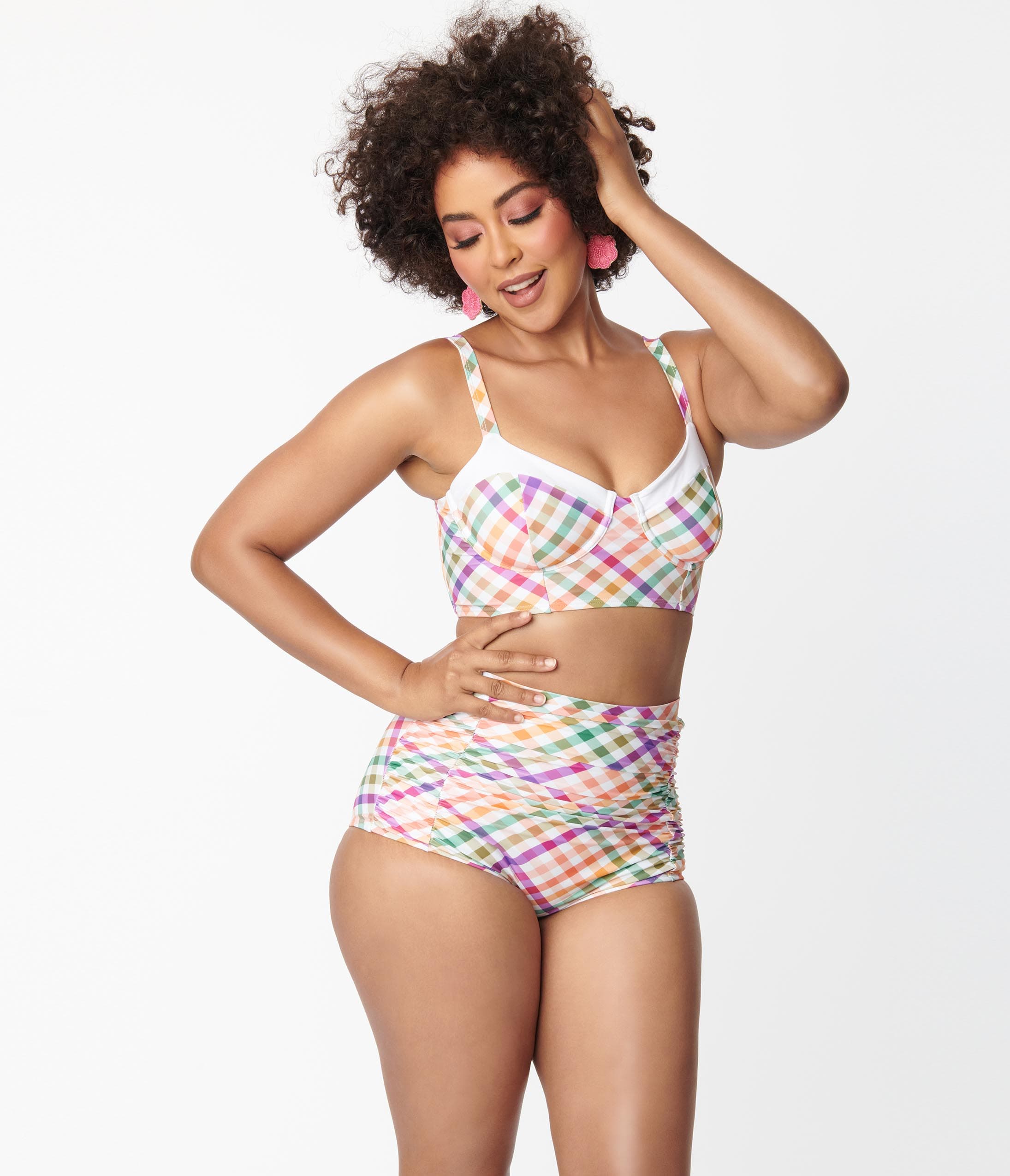 Unique Vintage Pastel Madras Gingham Marlene Crop Swim Top