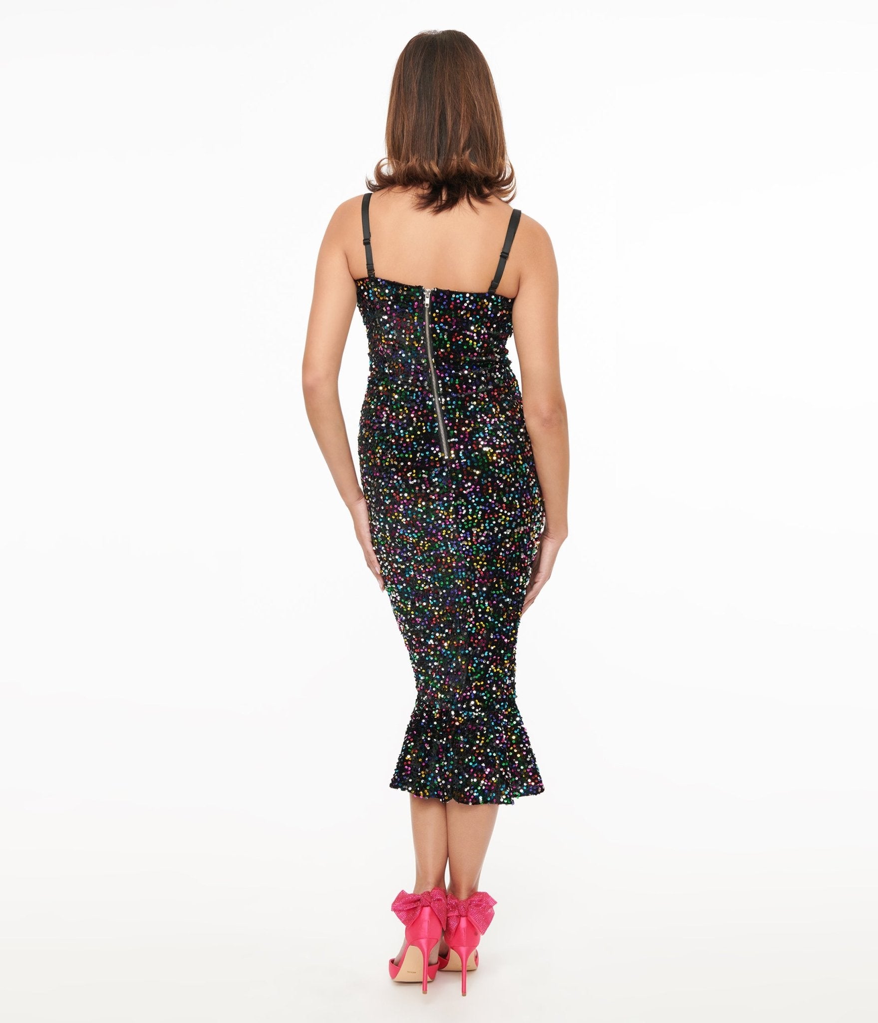 Unique Vintage Rainbow Sequin Strapless Spotlight Wiggle Dress