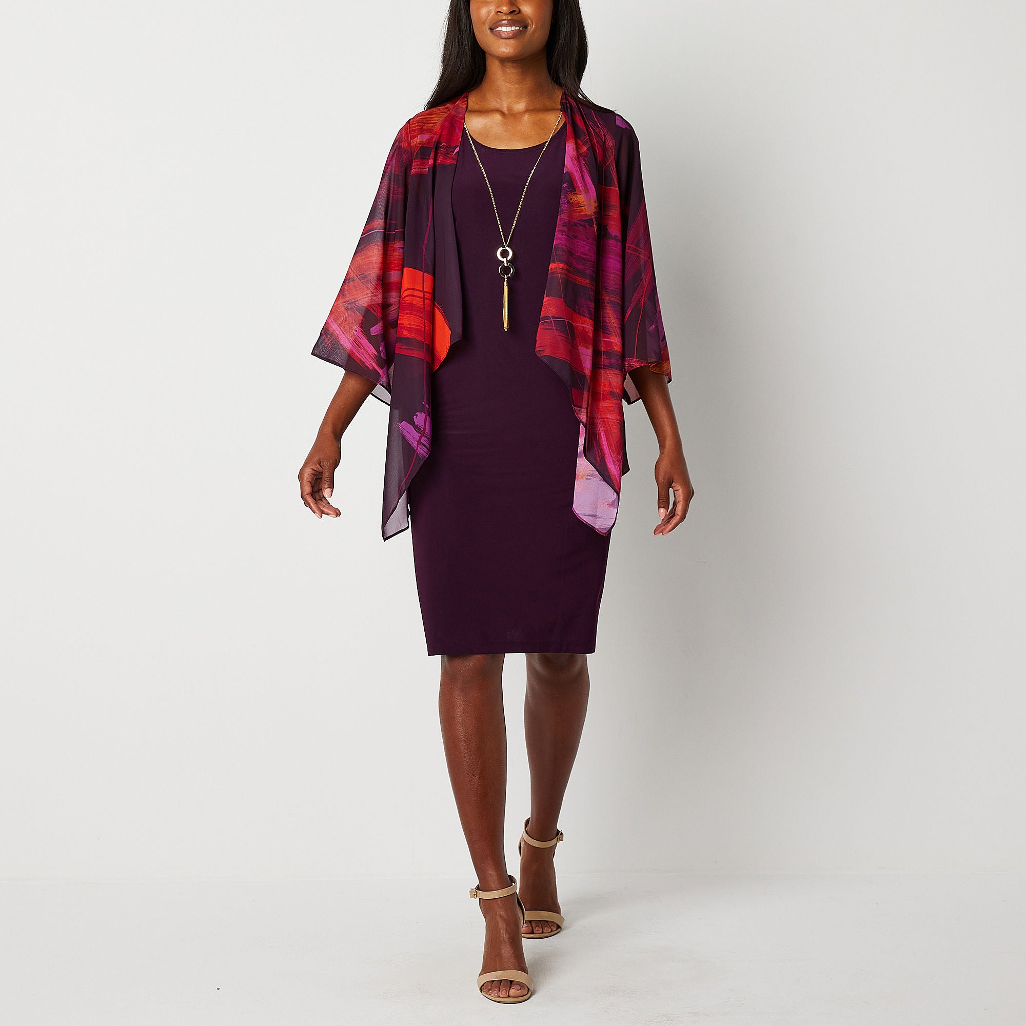 Studio 1 Faux-Jacket Dress With Removable Necklace - Plum M