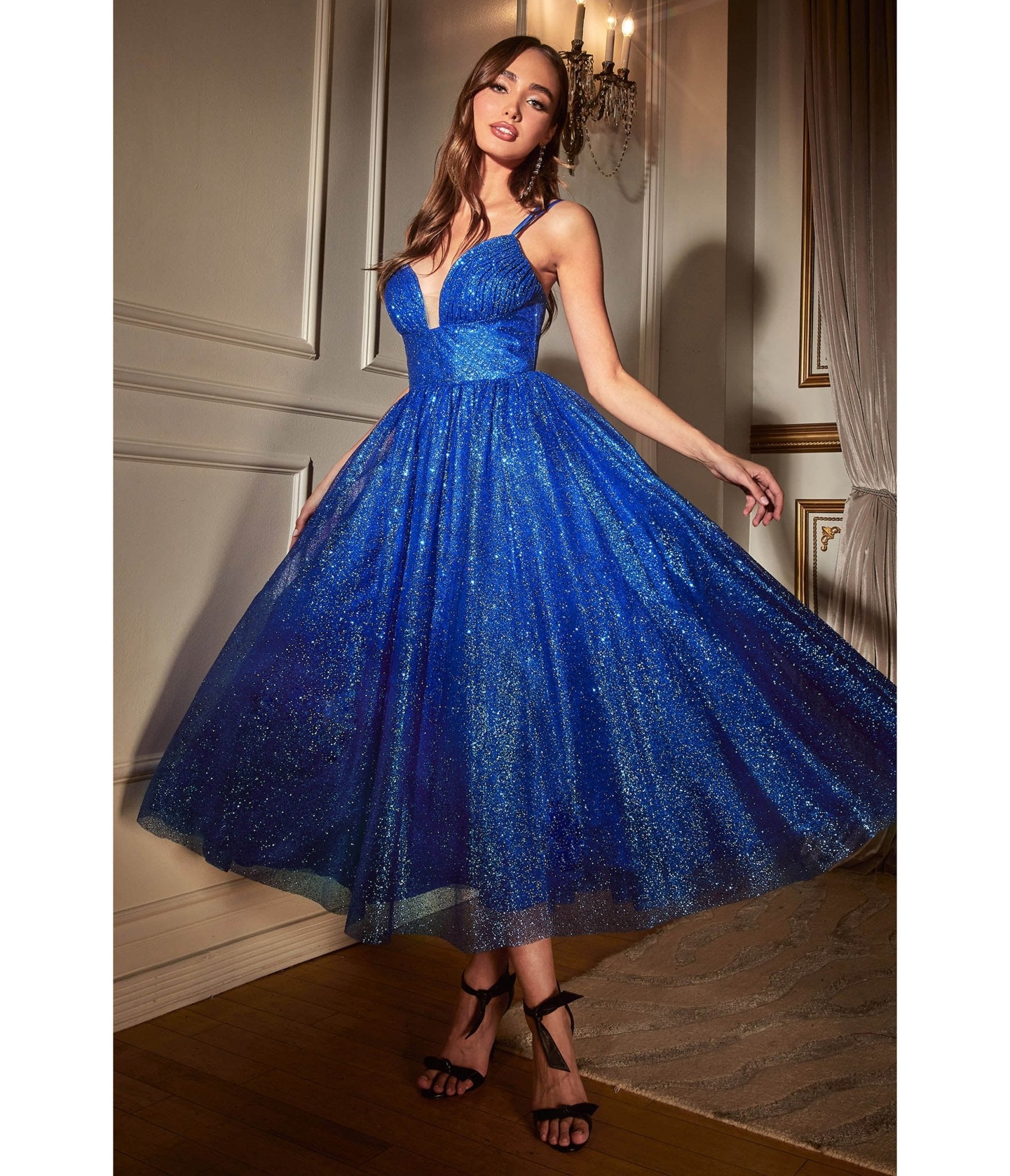 Ladivine by Cinderella Divine Royal Blue Glitter Sleeveless Tea Length Ball Gown