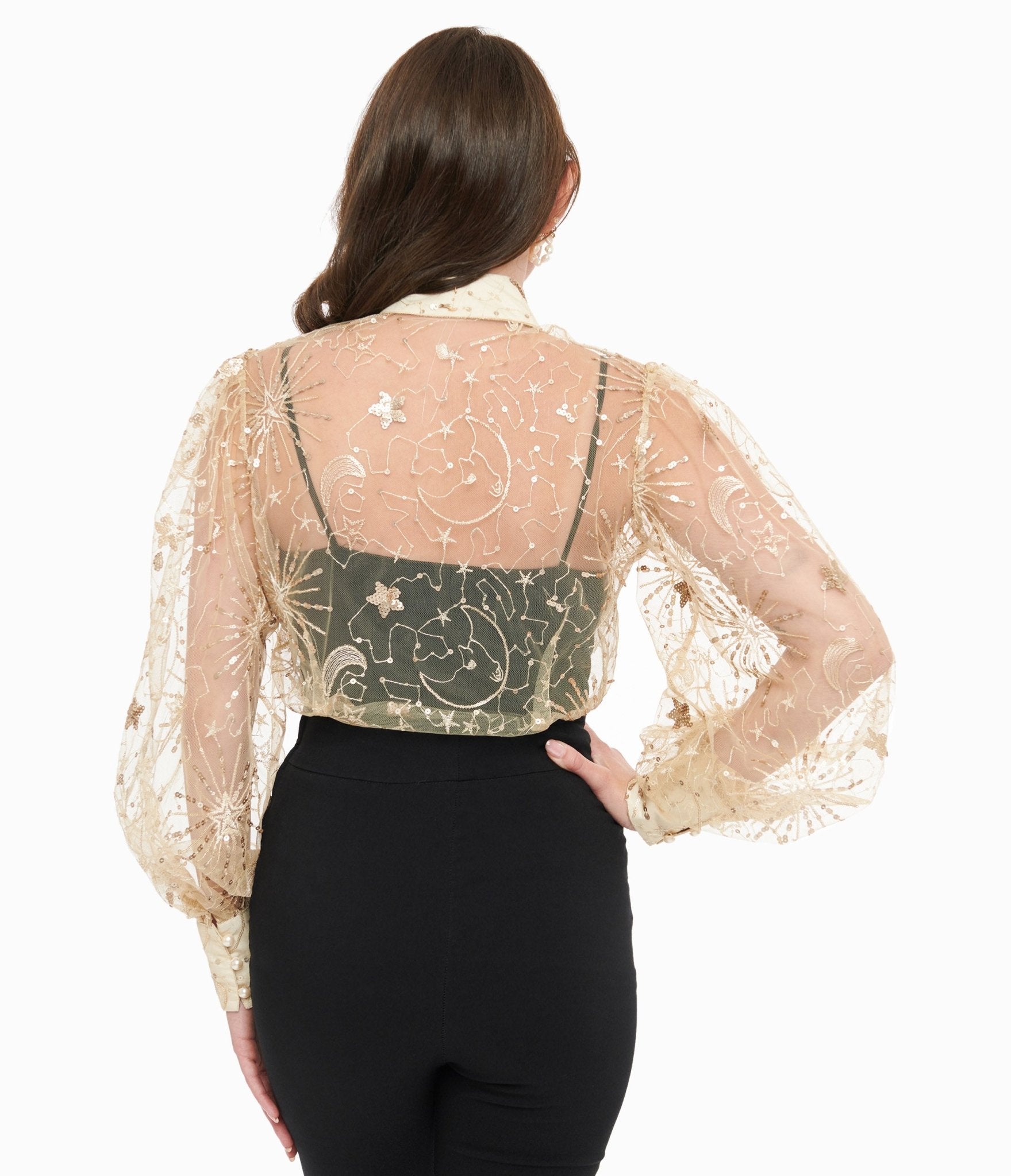 Unique Vintage Champagne Celestial Sequin Sheer Gwen Blouse