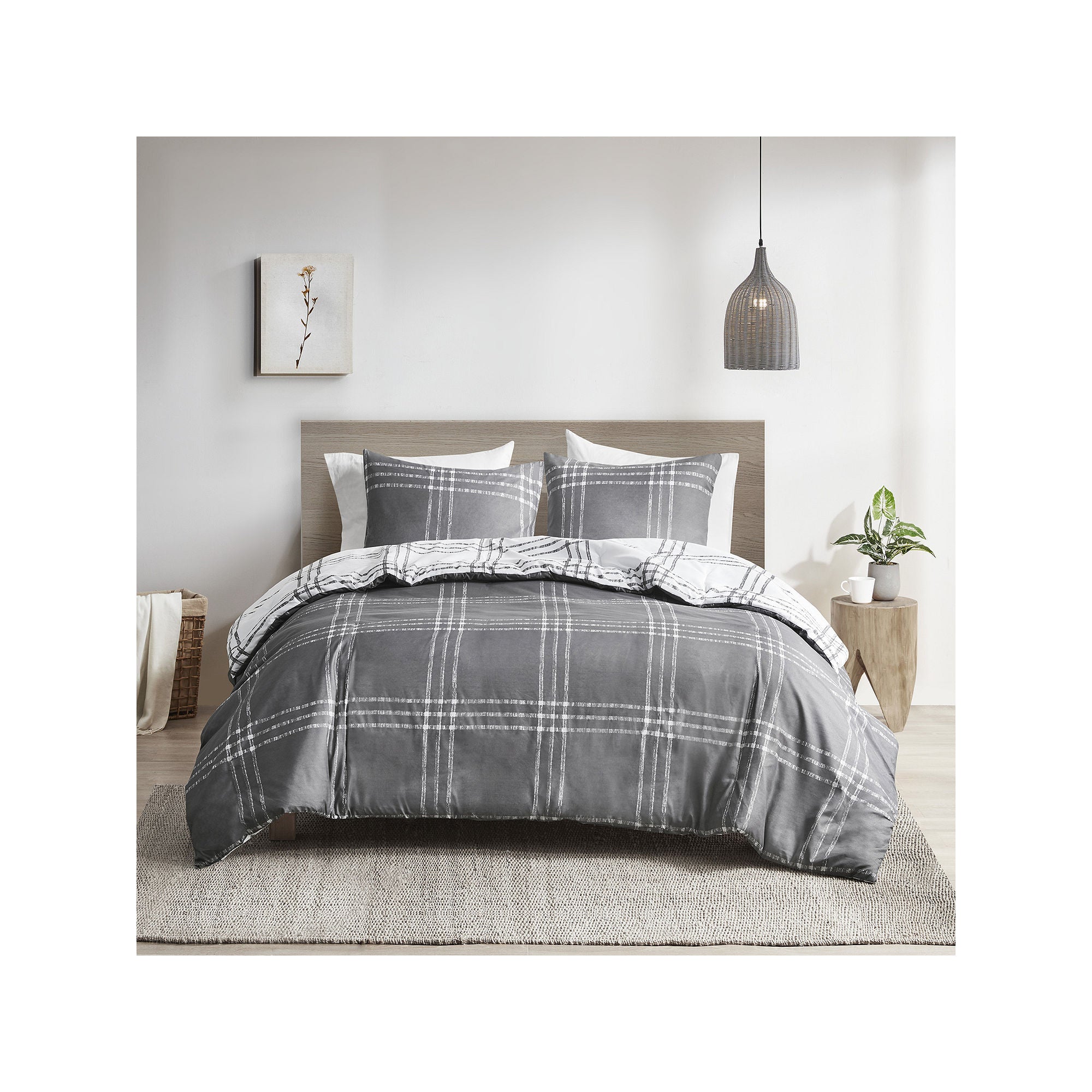 Clean Spaces Nathan 3 Piece Plaid Reversible Duvet Cover Set - White Gray