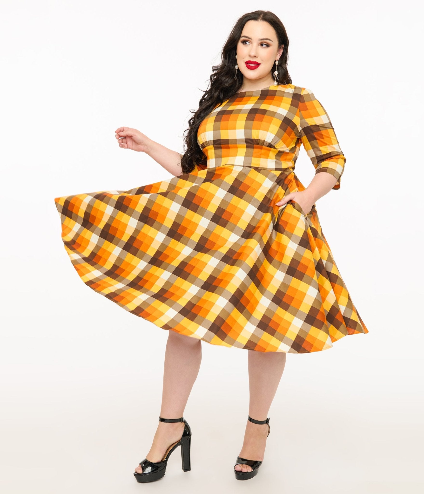 Hell Bunny Plus Size 1950s Autumn Check Cotton Darlene Swing Dress