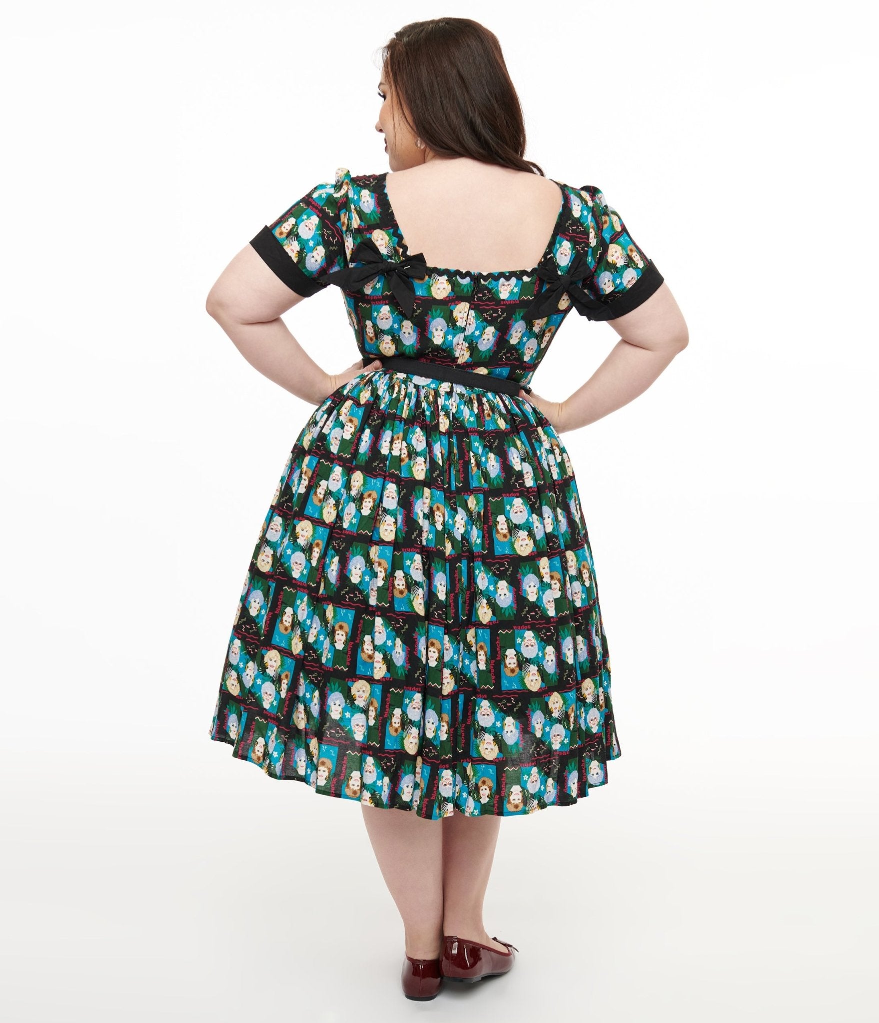 The Golden Girls x Unique Vintage Plus Size Black & Blue The Golden Girls Print Swing Dress