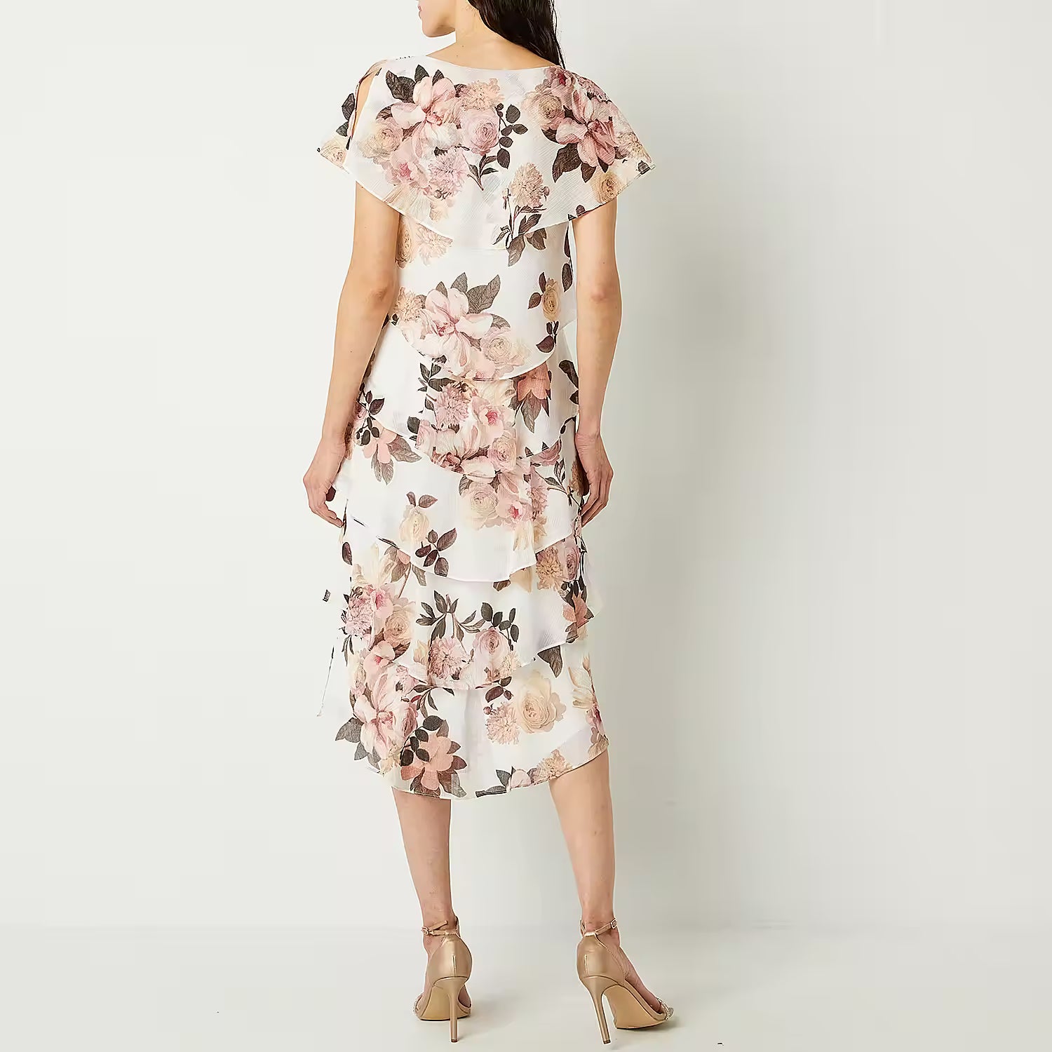S. L. Fashions Women's Short Sleeve Floral Midi A-Line Dress - Ivory Pink Multi 12