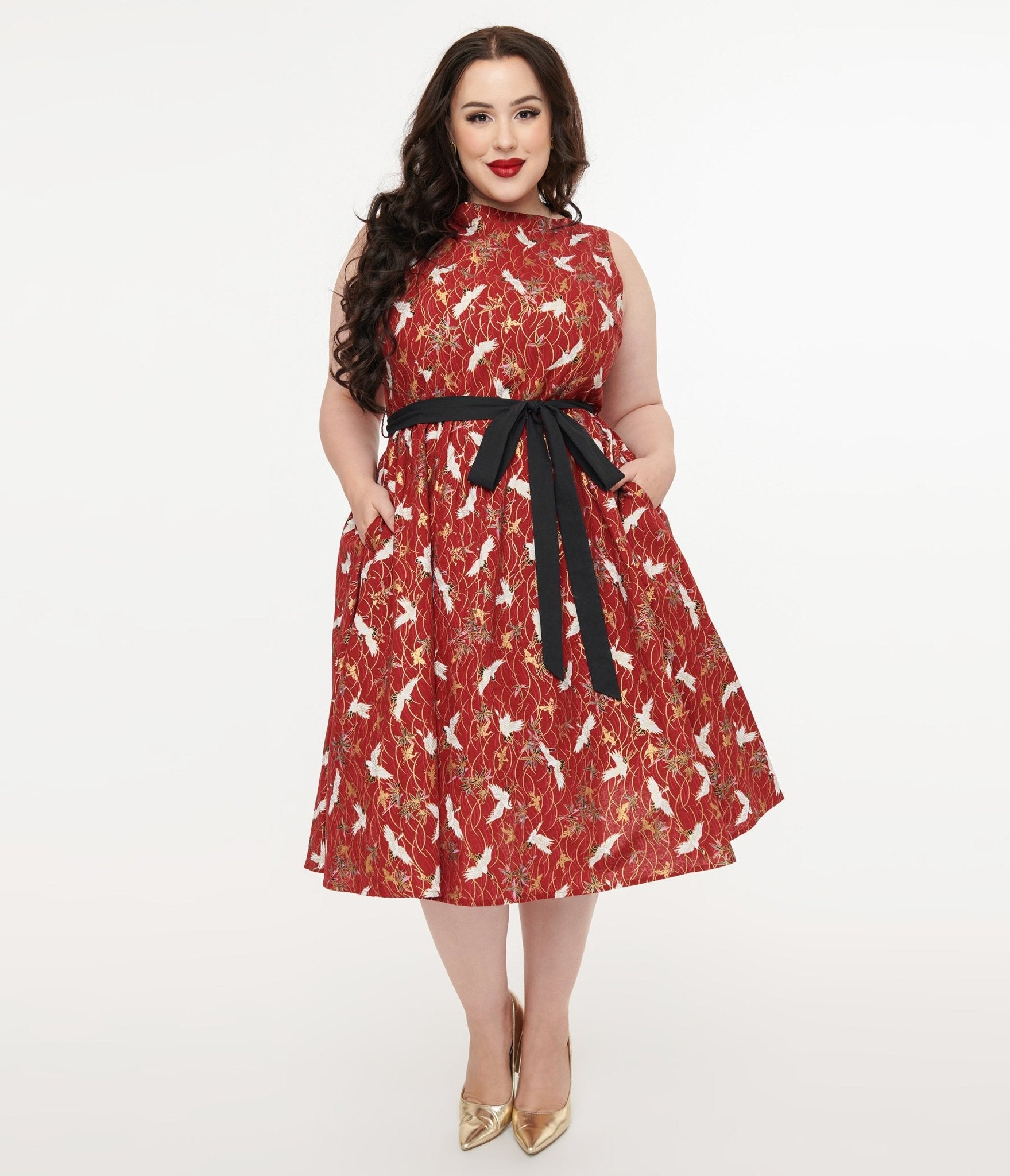 Unique Vintage Plus Size 1950s Burgundy Fall Crane Sleeveless Swing Dress