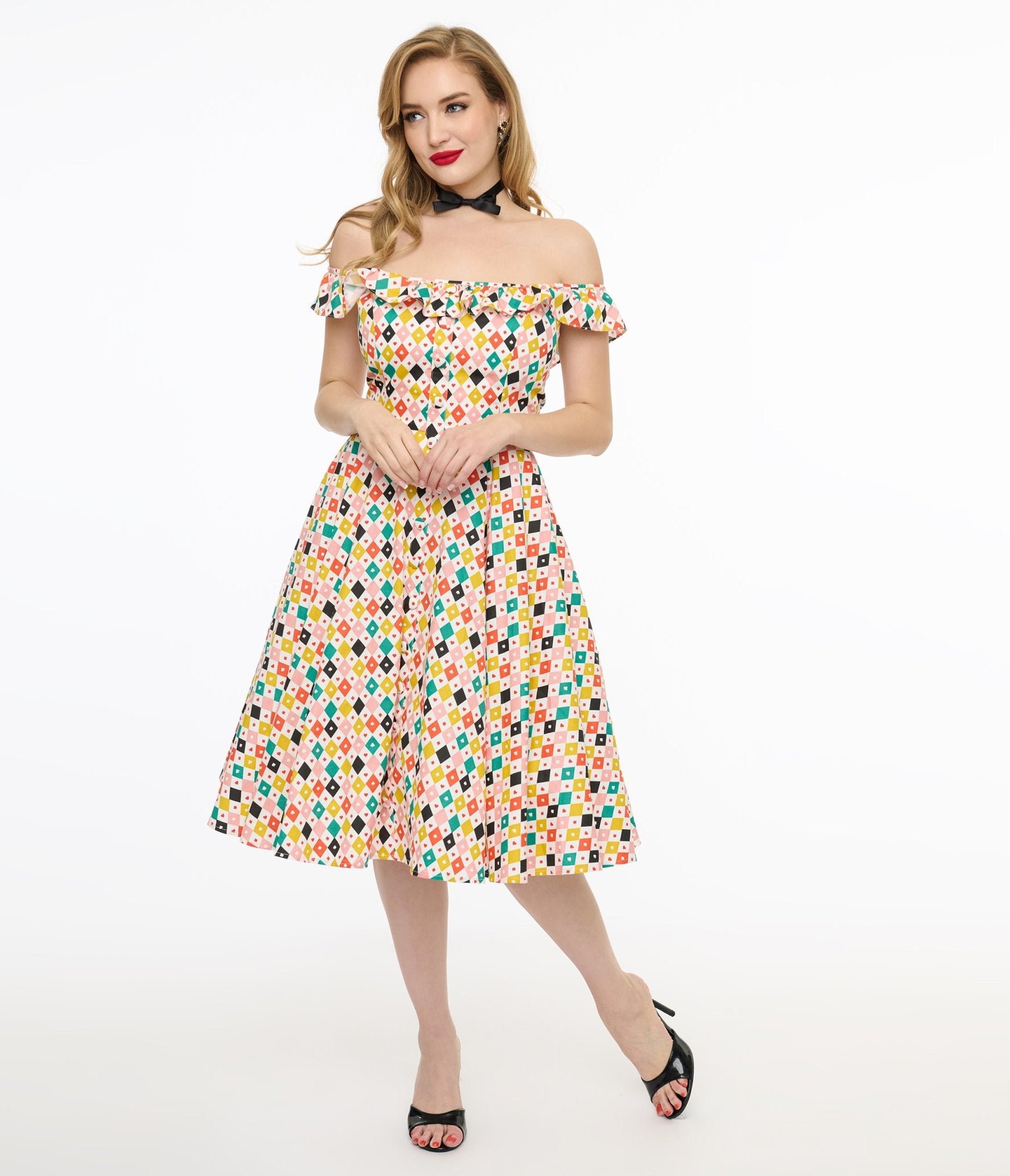 Magnolia Place 1950s Multicolor Diamond Print Barbara Swing Dress