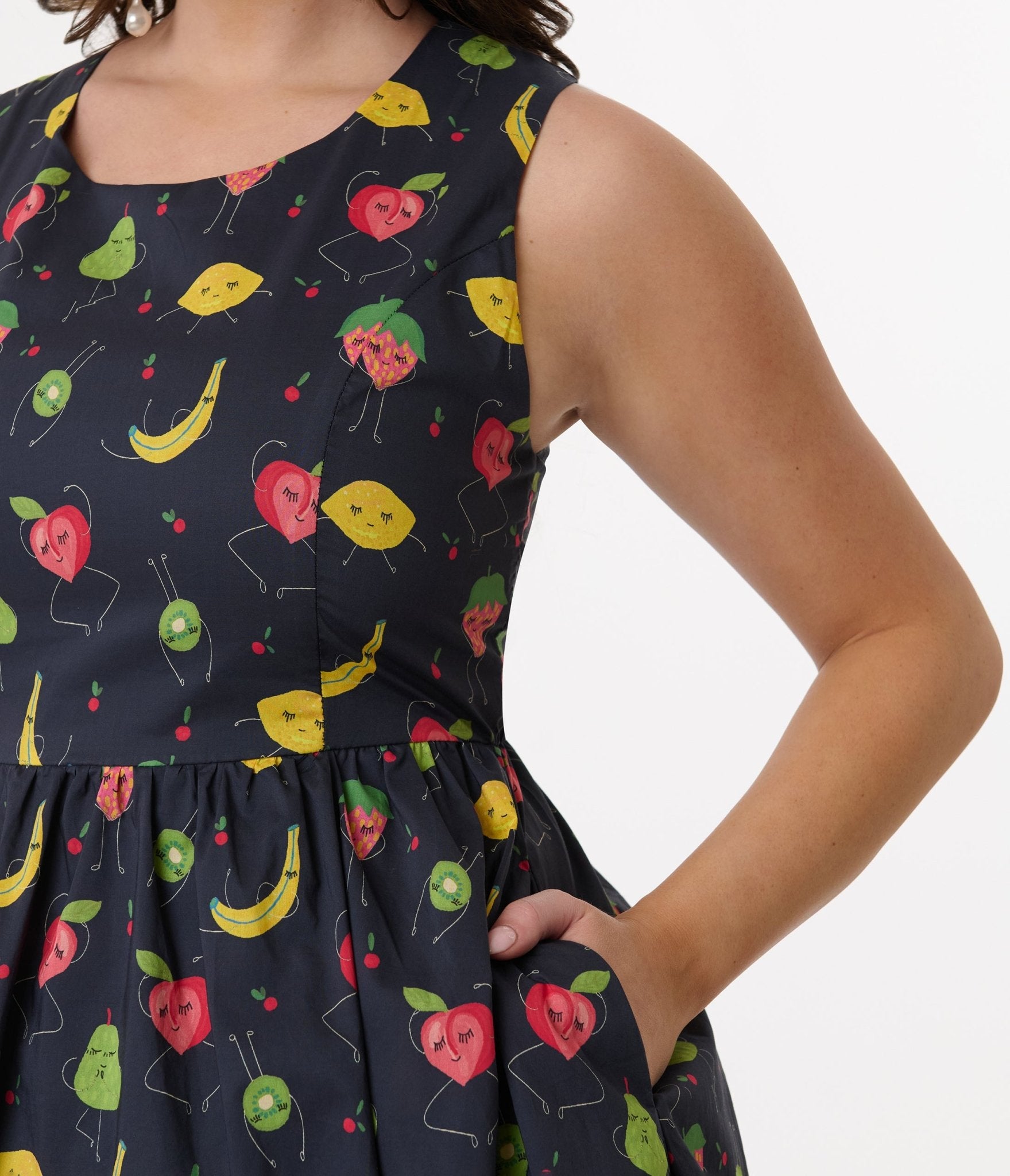 1950s Navy & Fruit Print Sleeveless Cotton Swing Dress