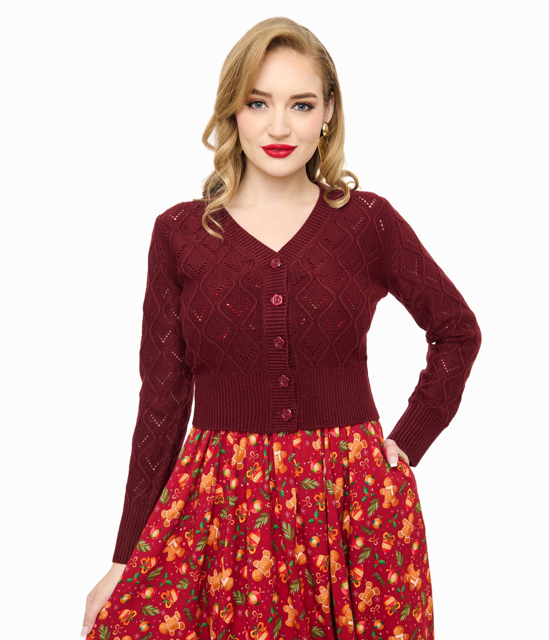 Voodoo Vixen Burgundy Flower Button Cardigan