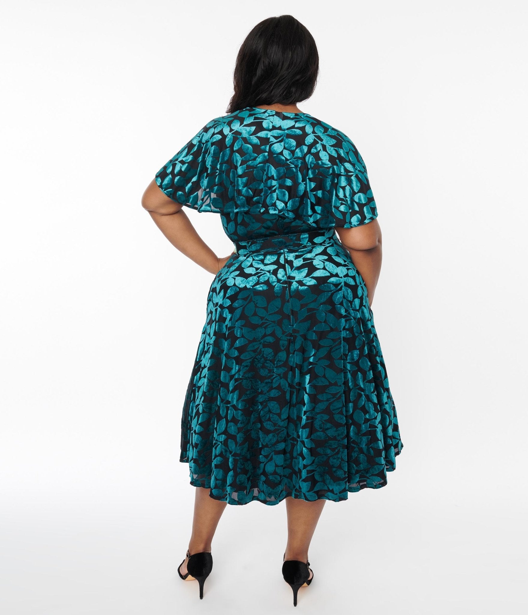 Unique Vintage Plus Size 1950s Teal & Black Velvet Burnout Capelet Swing Dress