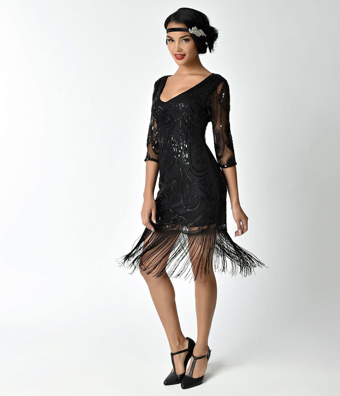 Unique Vintage 1920s Black Beaded & Sequin Margaux Sleeved Fringe Cocktail Dress