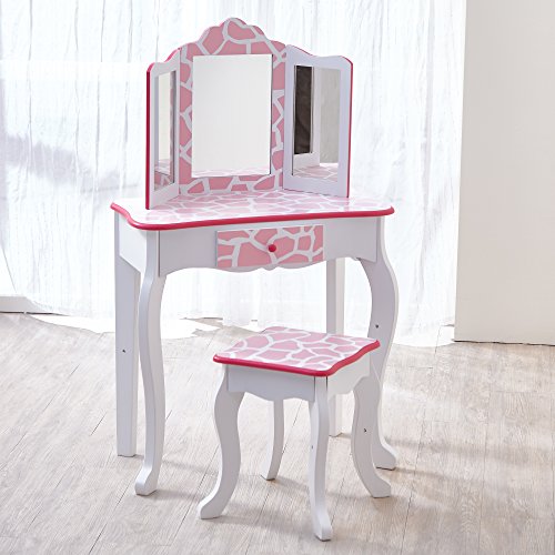 Teamson Kids Fashion Prints Vanity and Stool Set with Mirror Giraffe, Baby Pink/White