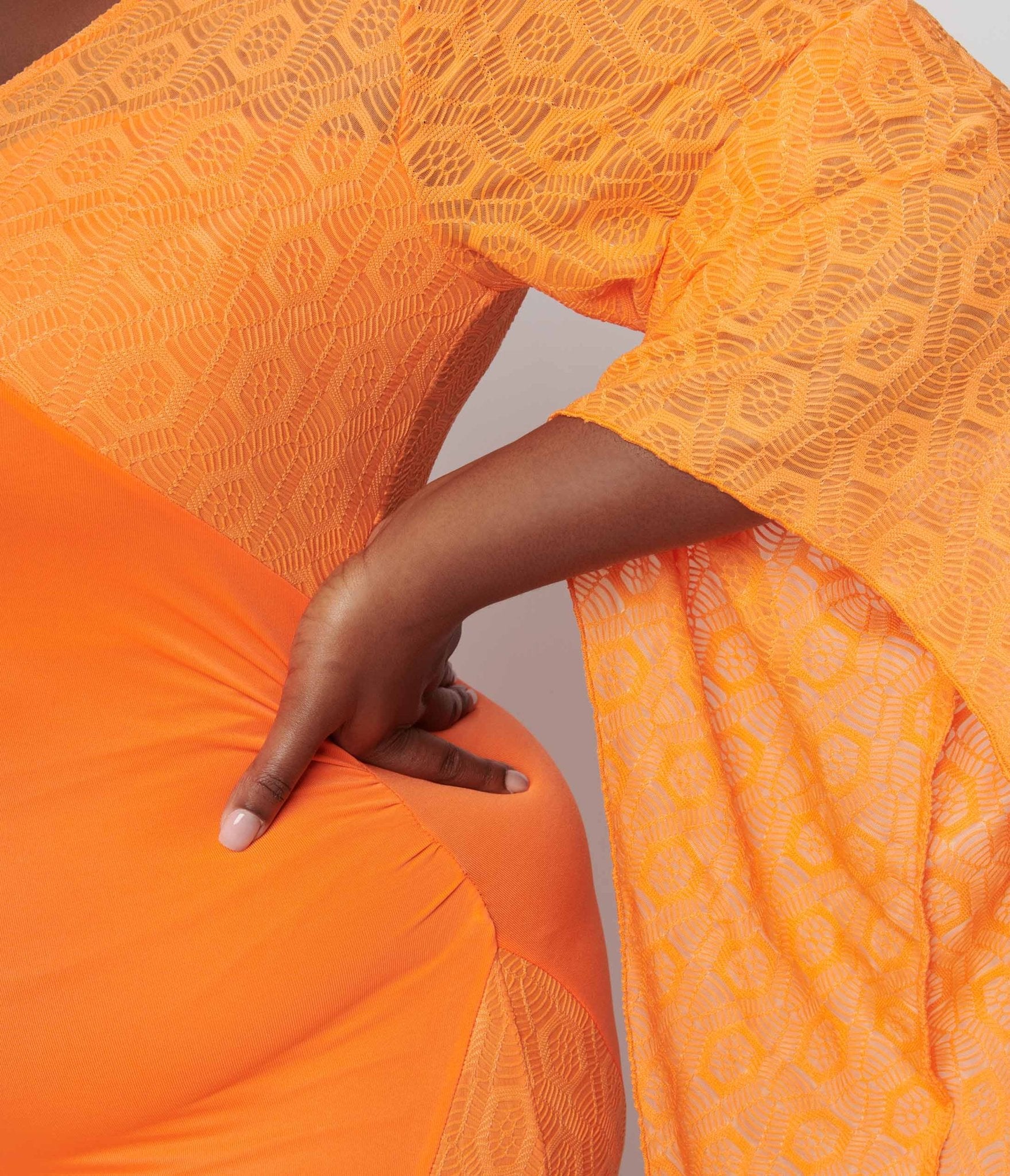 1970s Neon Orange Lace Maxi Dress