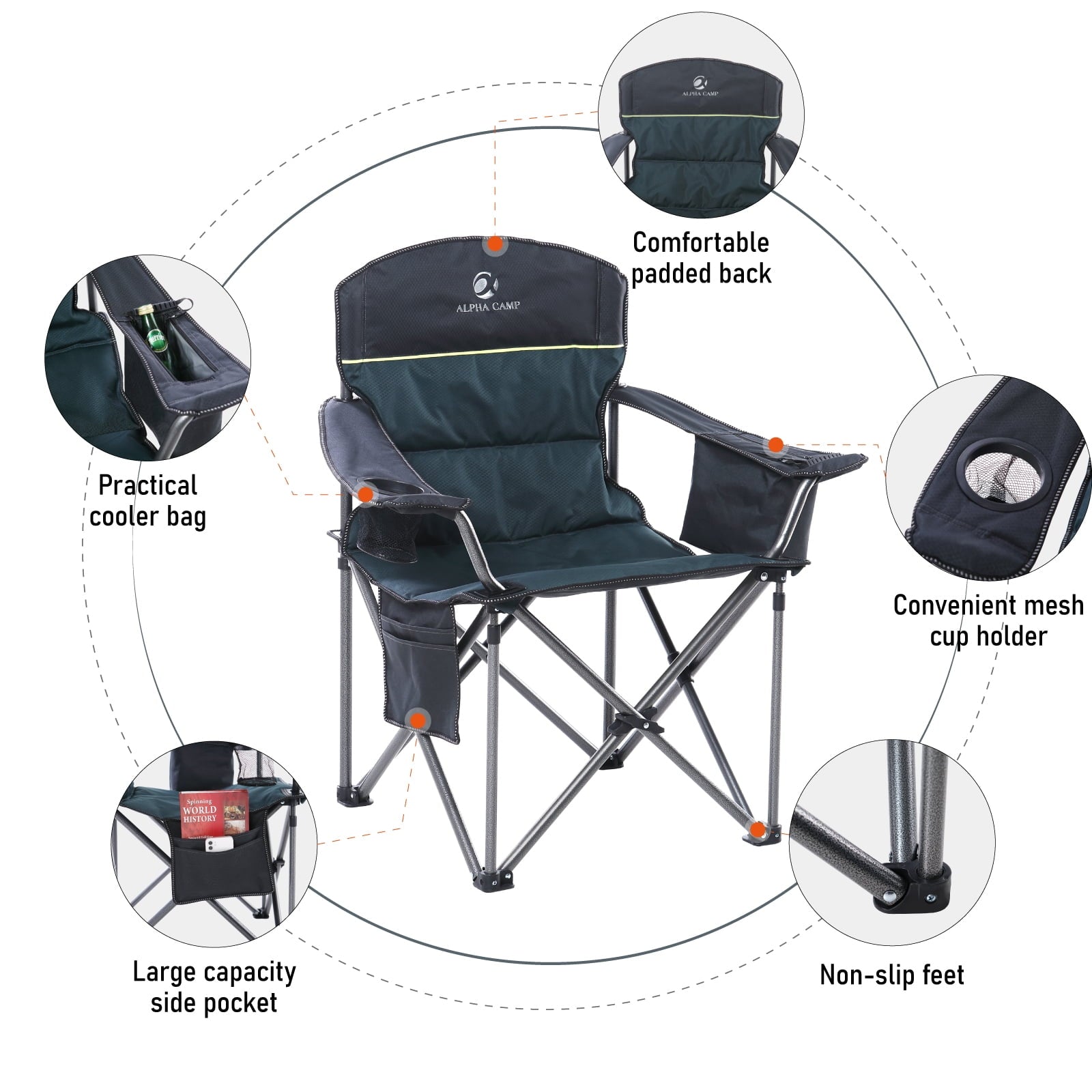 ALPHA CAMP E01CC402-GN Oversized Folding Camping Chair, Green