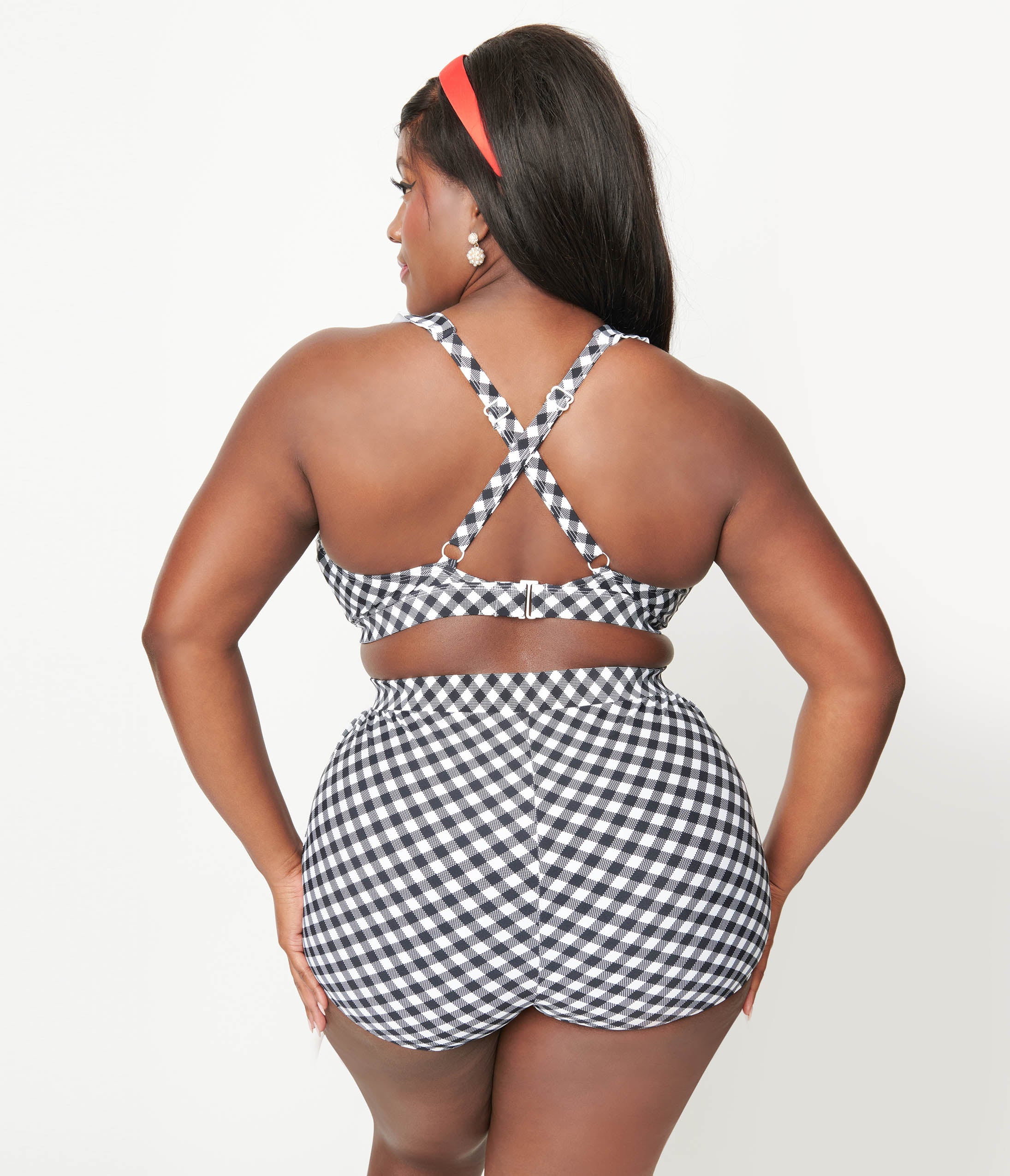 Unique Vintage Plus Size Black & White Gingham Halter Swim Top