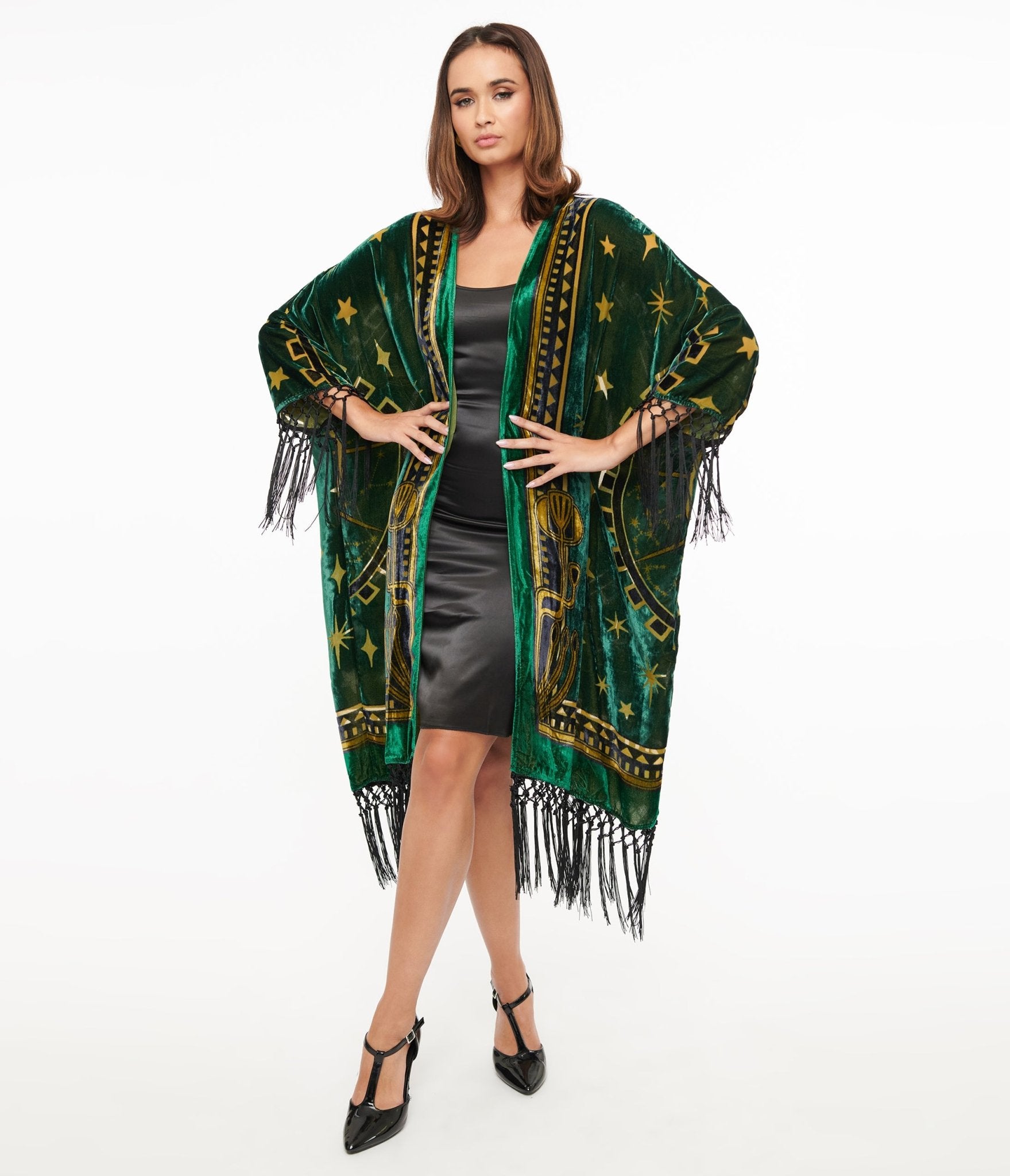 Unique Vintage 1930s Emerald & Gold Zodiac Burnout Velvet Fringe Kimono