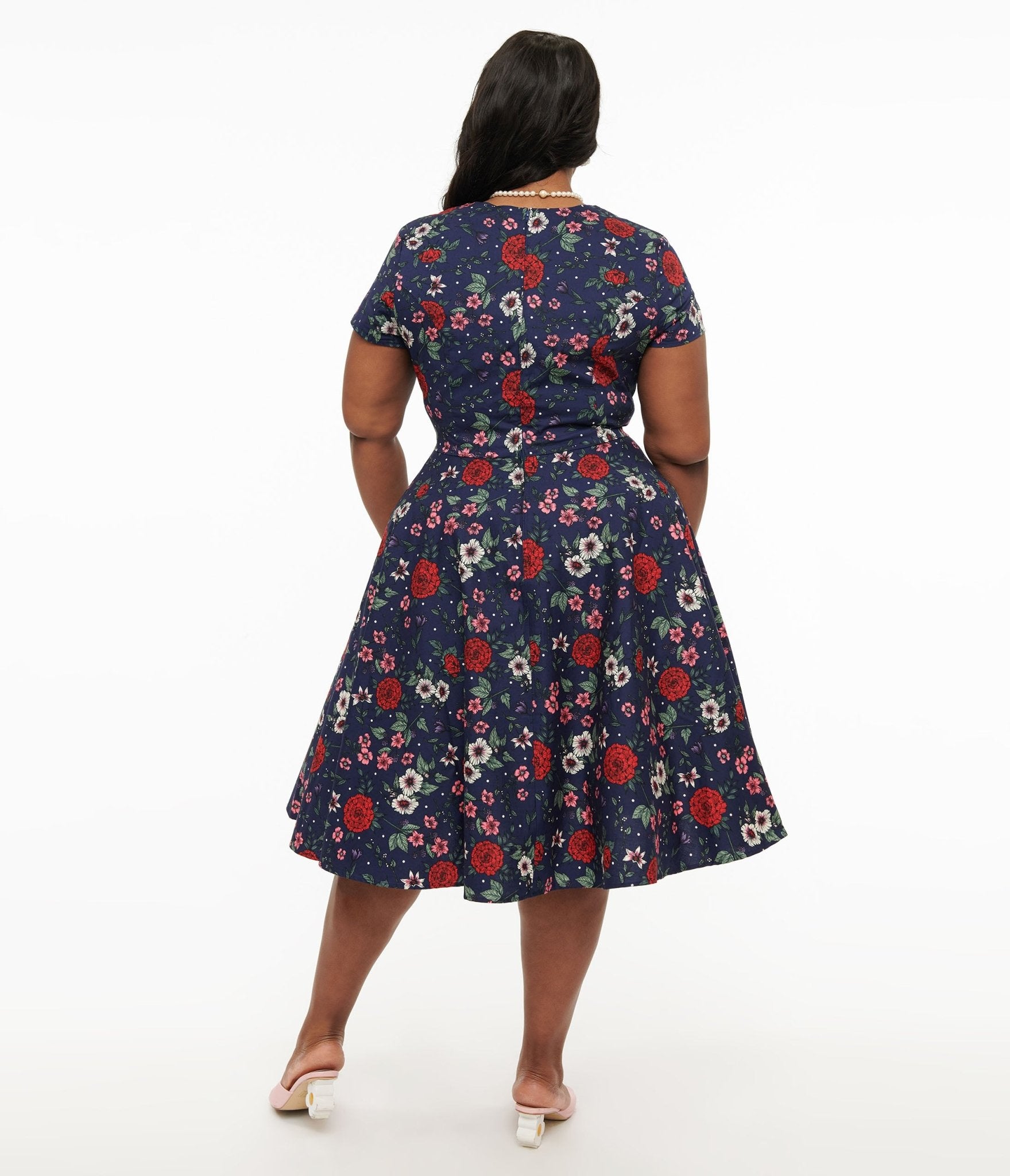 Hell Bunny Plus Size 1950s Navy Blue & Red Floral Camellia Midi Dress