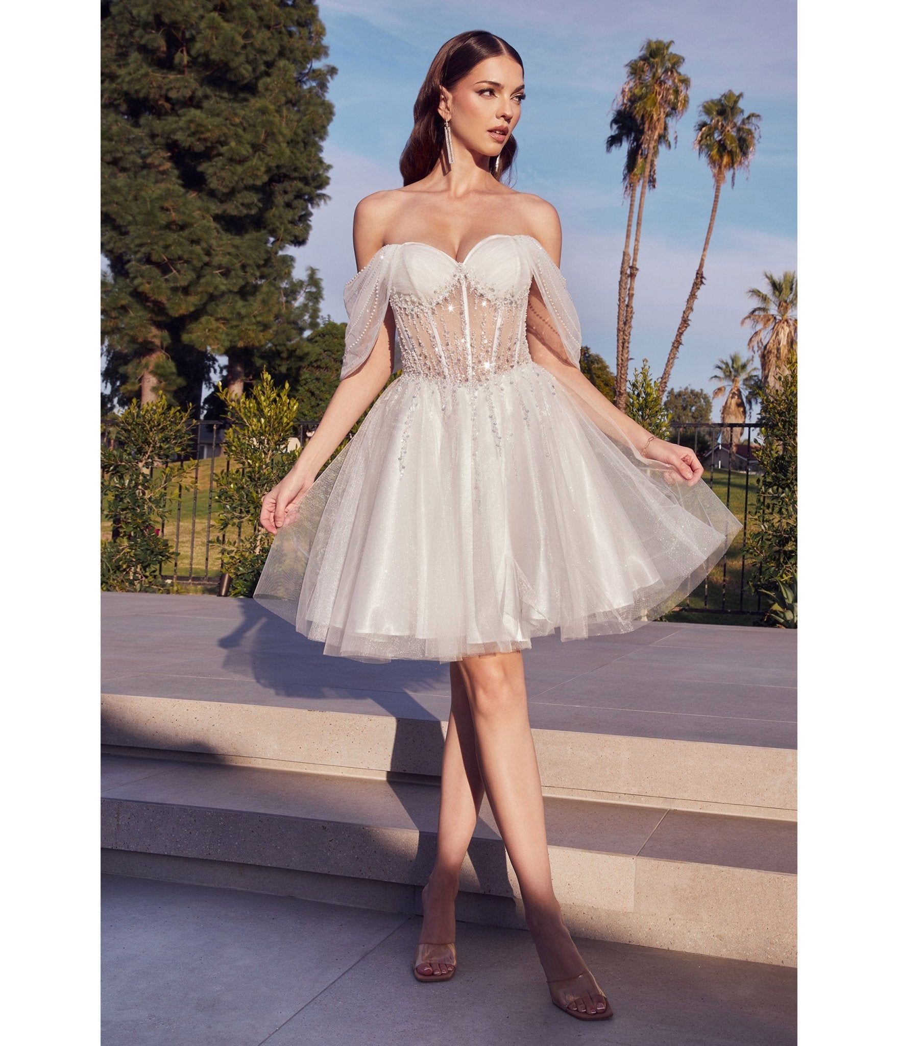 Ladivine by Cinderella Divine Off White Glitter Tulle Off Shoulder Corset Mini Dress