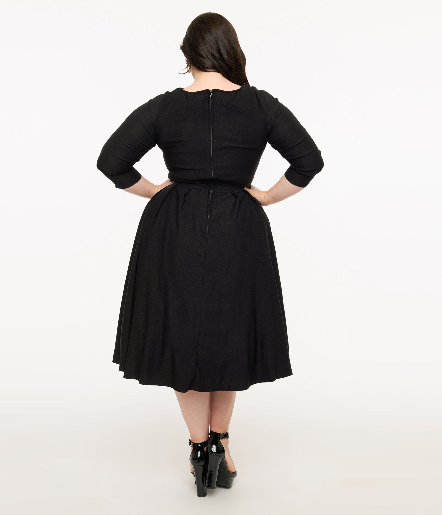 Unique Vintage Plus Size 1950s Black Bengaline Front Twist Swing Dress